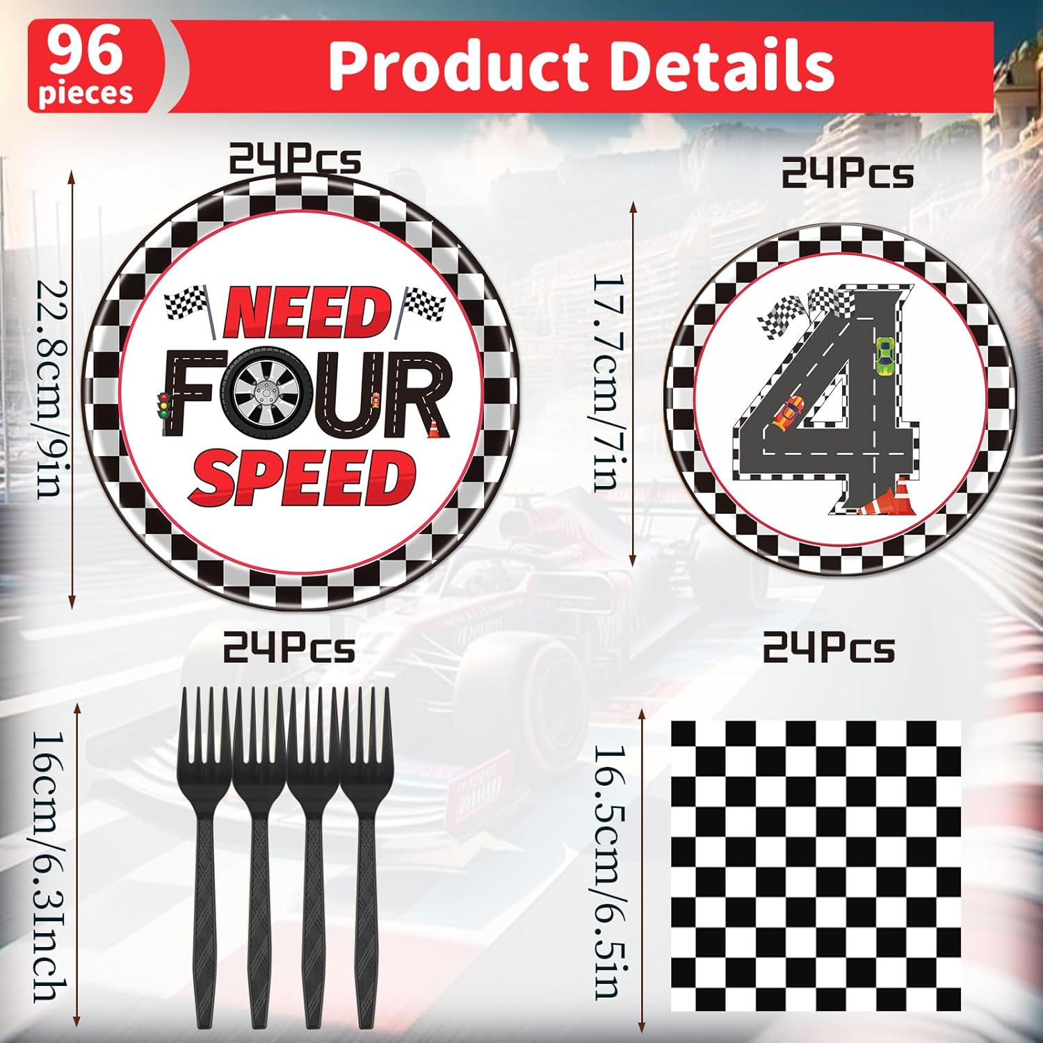 Rakuto Cars 4th Birthday Party Plates and Napkins Set, 96PCS Need Four Speed Birthday Decorations Supplies, Racing Car Fourth Disposable Tableware for Boys - Image 2