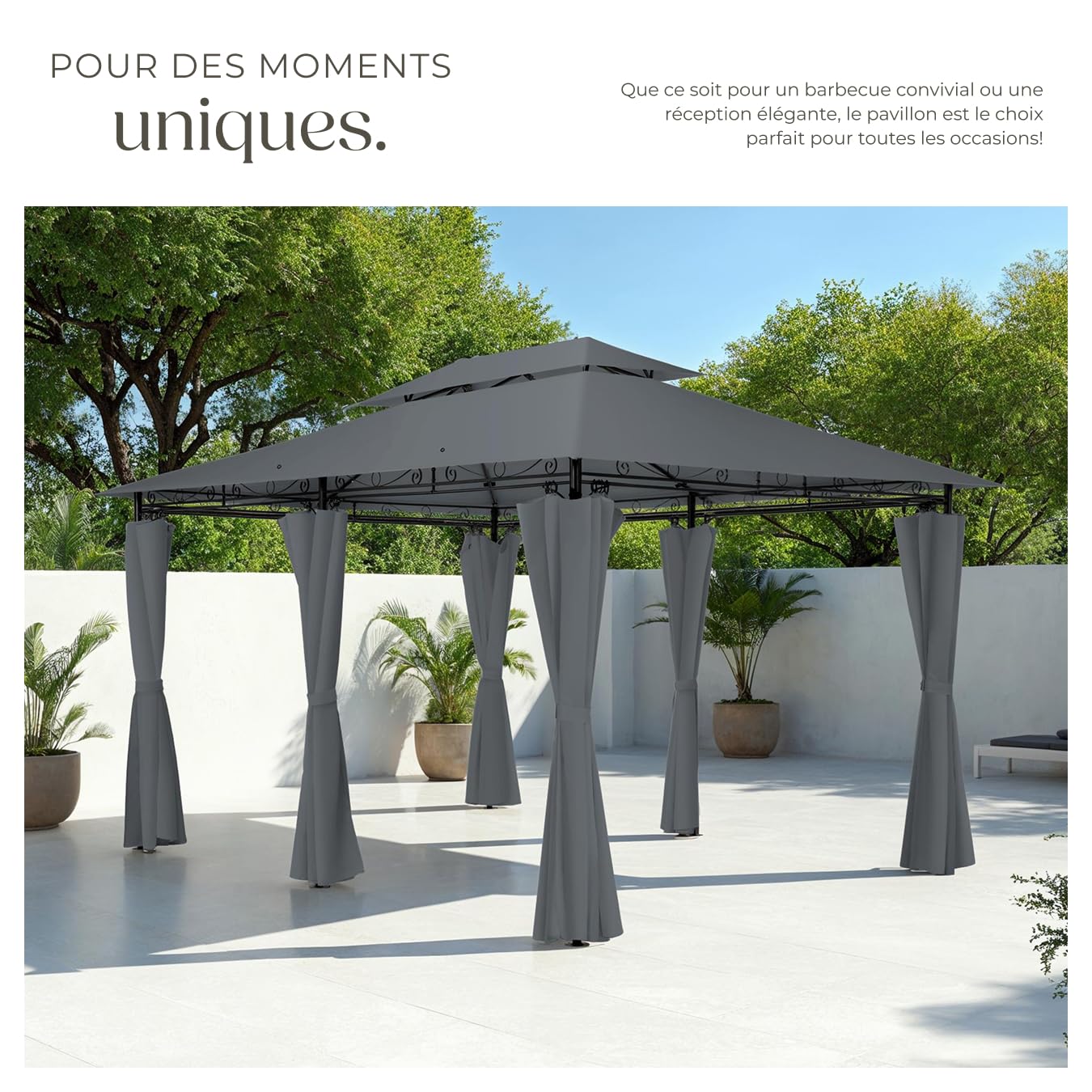 tectake® Tonnelle de Jardin 4x3m en Acier époxy Tente de réception, Imperméable, Protection UVP 50+, Rideaux de tonnelle Inclus, Montage Facile, Tonnelle terrasse Exterieur Barnum Mariage Baptême