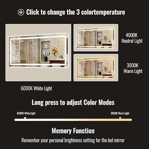 Vista 31 de Espejo de baño LED, 32 x 48 pulgadas, marco blanco degradado frontal y retroiluminado, antiniebla, regulable, espejo iluminado horizontal/vertical