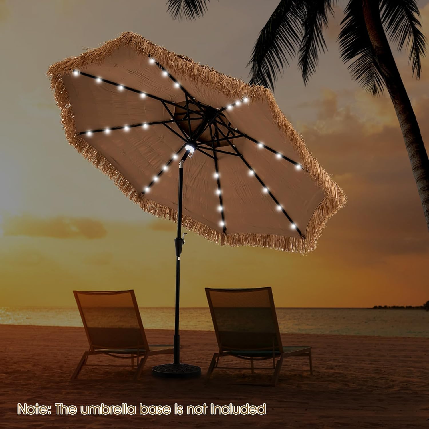 Tangkula 10 ft Thatched Patio Umbrella, 2 Tier Hawaiian Style Grass Beach Umbrella with 32 Led Lights, Center Light, Solar Tiki Umbrella with 8 Ribs, Tilt Adjustment, Manual Crank for Backyard, Poolside, Deck