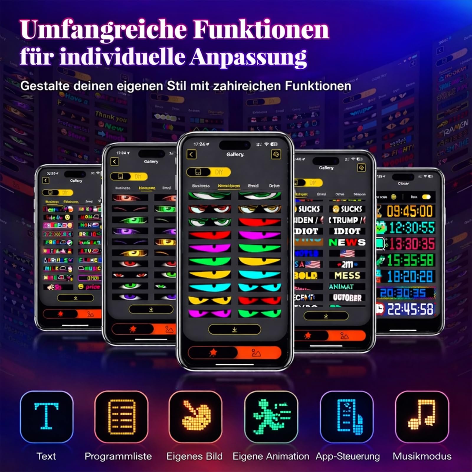2er Devil Eyes Light For Cars Led Augen für Lkw Auto (92mm*374mm) Led Anzeige Programmierbar Laufschrift Leuchtreklame Personalisiert Leuchtschild FüR,Auto,LKW,Text,Graffiti,Smart App,Bluetooth USB 5V