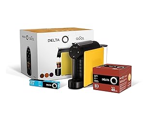 Delta Q - Pack Cafetera con Cápsulas - Mini Qool Amarilla - Para Cafés, Té y Bebidas Calientes - Sencilla y Práctica - Diseño Elegante - Incluye Pack 40 Cápsulas Qalidus + 10 Cápsulas Decaf