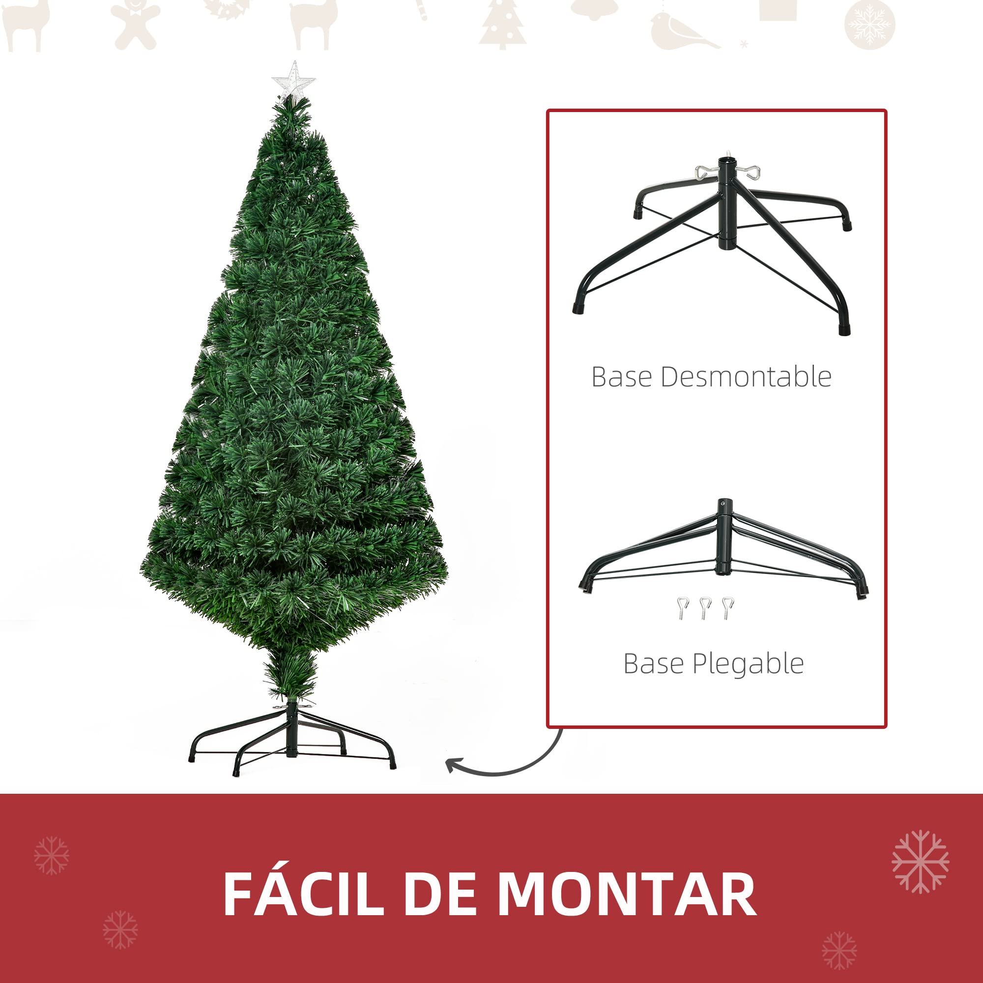 HOMCOM Árbol de Navidad 150cm con Soporte Fibra Óptica LED Multicolor
