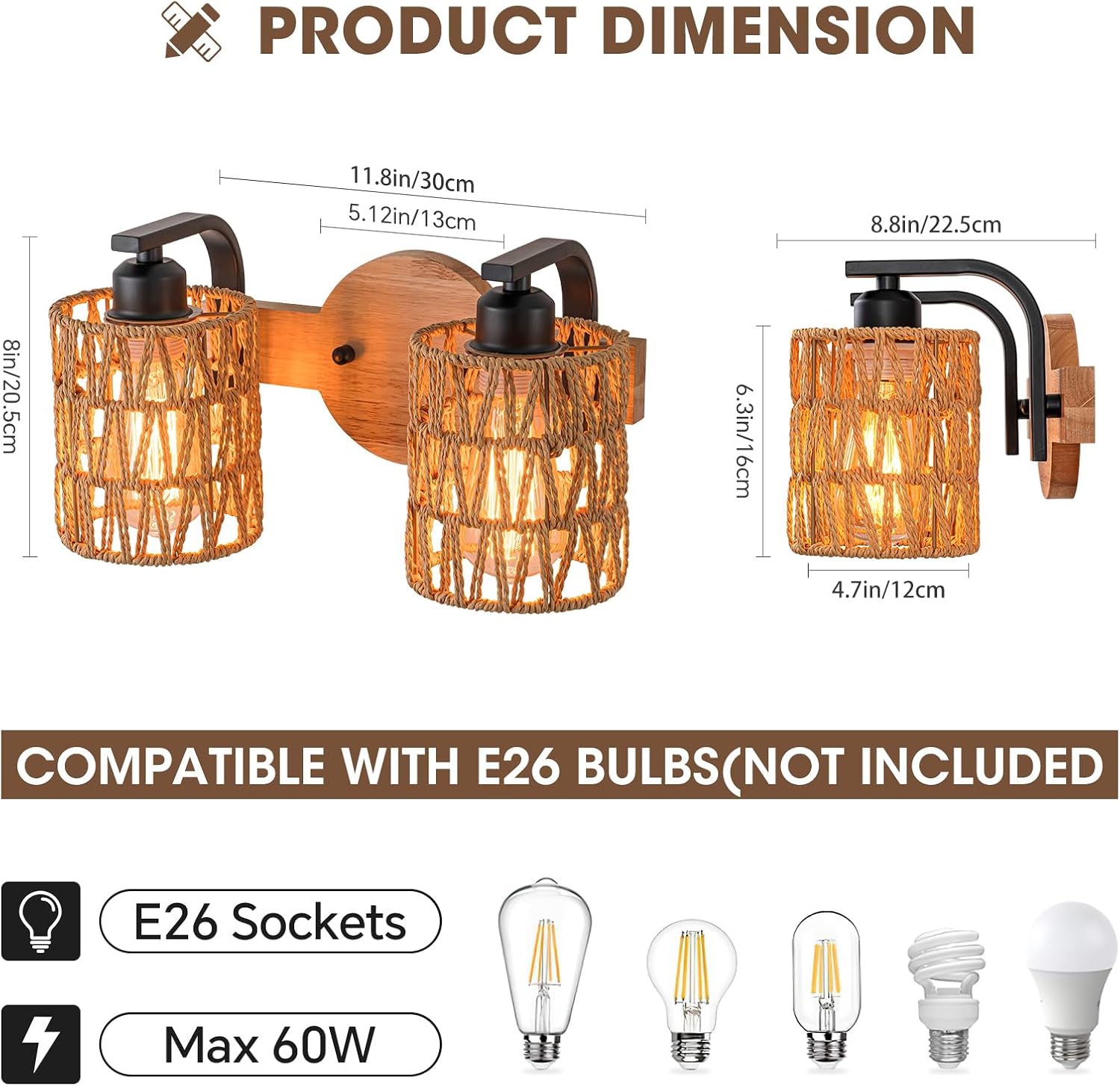 Bathroom Vanity Light Fixtures,2-Light Rattan Bathroom Lighting Fixtures Over Mirror,Farmhouse Wall Sconces Boho Woven Lampshade,Rustic Wall Mounted Wooden Base Wall Light for Bedroom Hallway Stairs