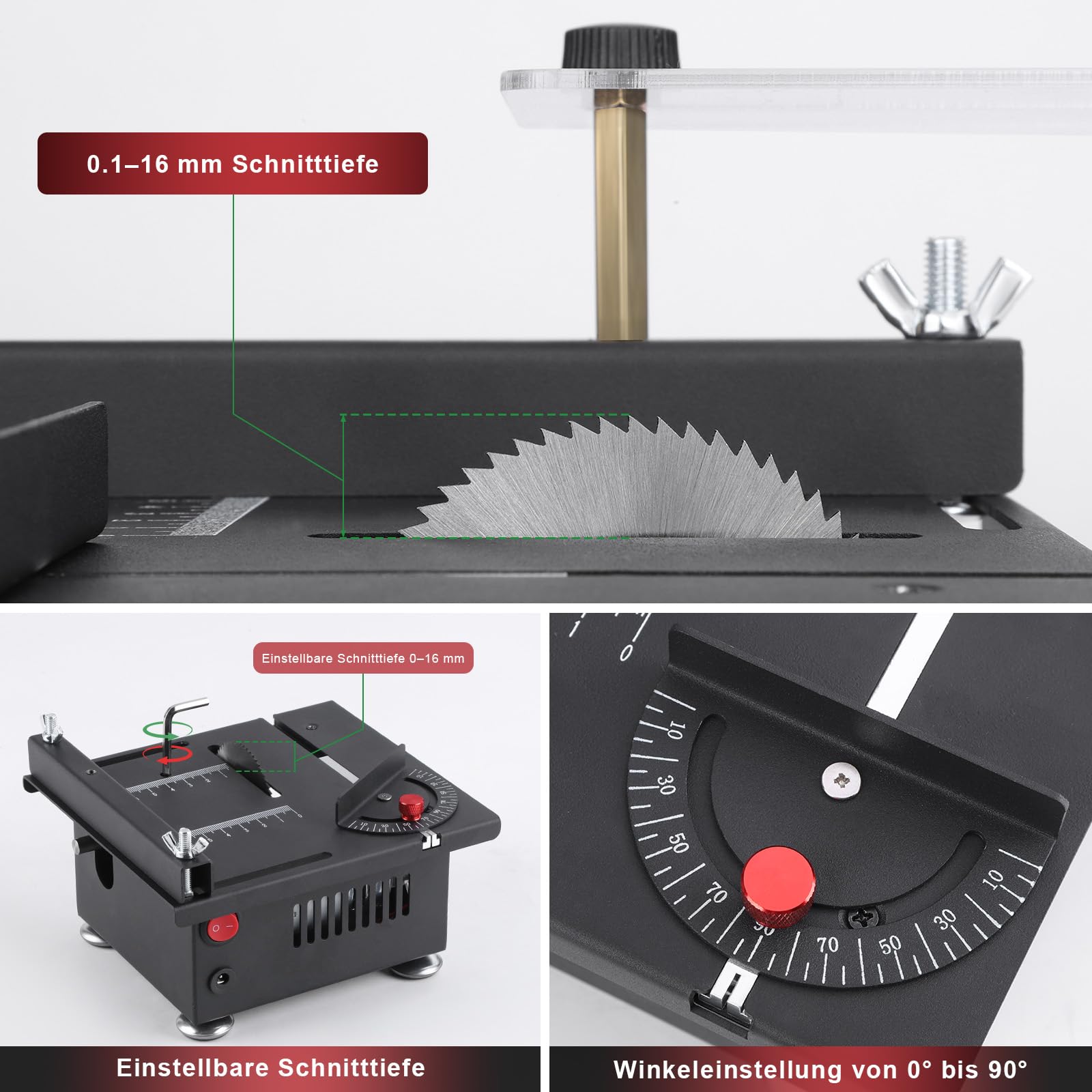 Mini tischkreissäge,100W mini kreissäge mit 4 Klingen,0,1-16 mm Einstellbarer Sägeblatthöhe,7-Gang-Drehzahlregelung,Multifunktionale tischsäge mit Flexwelle & Drehscheibe für Schleifen/Polieren/Bohrer