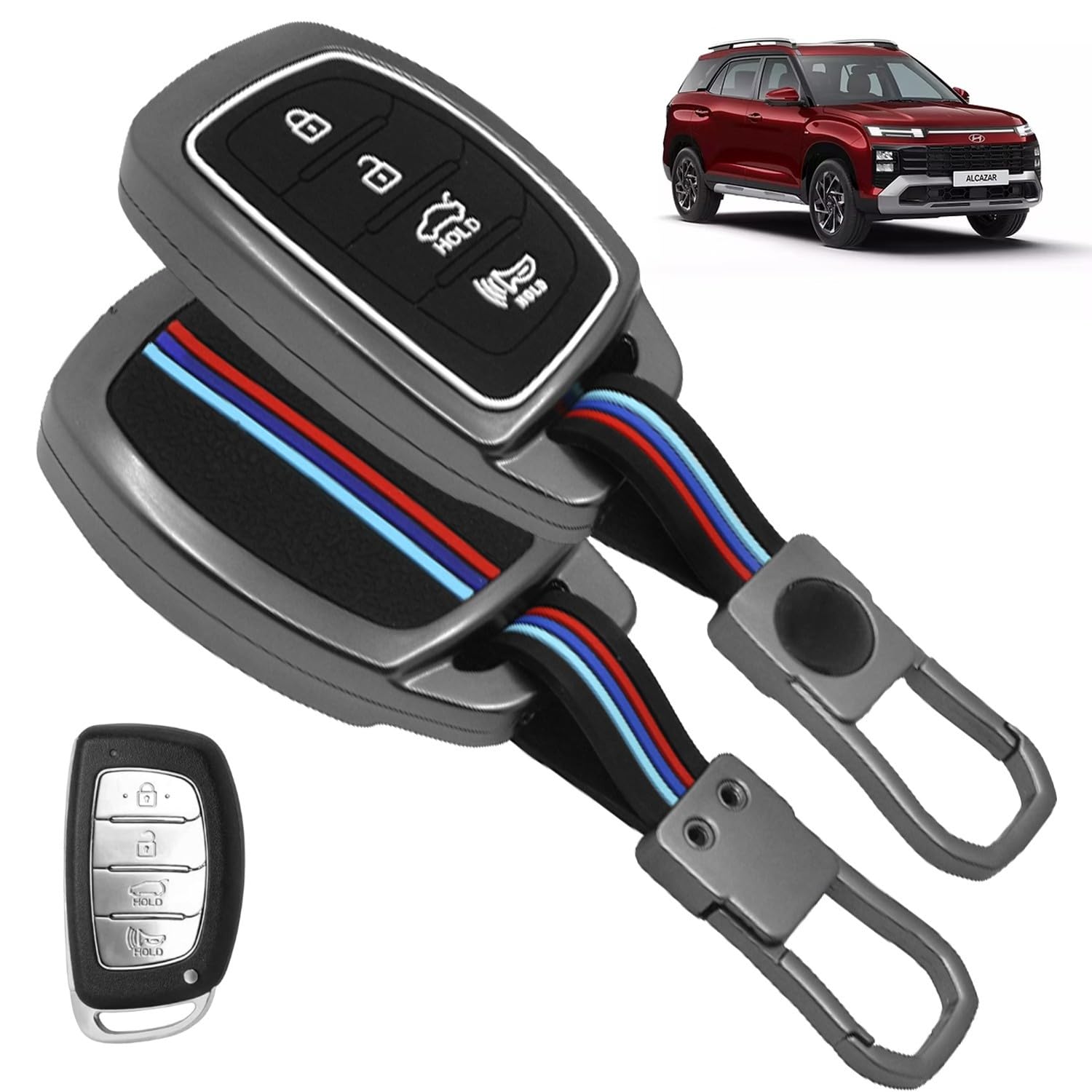 FABTEC Premium Metal + Silicone Key Cover for Hyundai Creta/Alcazar – 4 Button Smart Key Protection Case with Stylish Keychain (Metal Black) Smart Key Cover Shell with Keychain