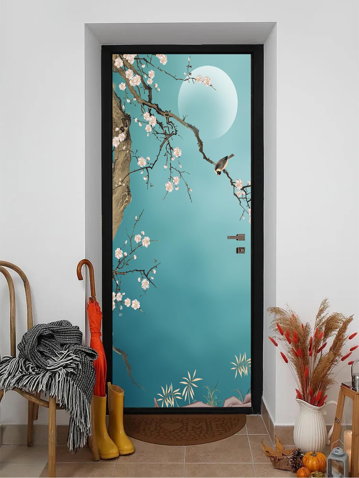 FLFK 3D Door Mural Peel and Stick 85x215cm -Hand-Painted Plum Bird Self-Adhesive Door Sticker Wallpaper Poster for Office Home Decor(2Pcs/Set)
