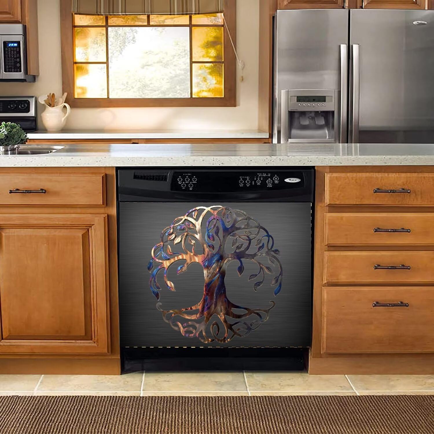 Colorful Metal Tree of Life Dishwasher Magnet Cover for The Front, Black Brushed Stainless Steel Refrigerator Magnets Stickers Full Door Cover, 23" W x 17" H Vinyl Decal for Dishwasher (Magnetic)