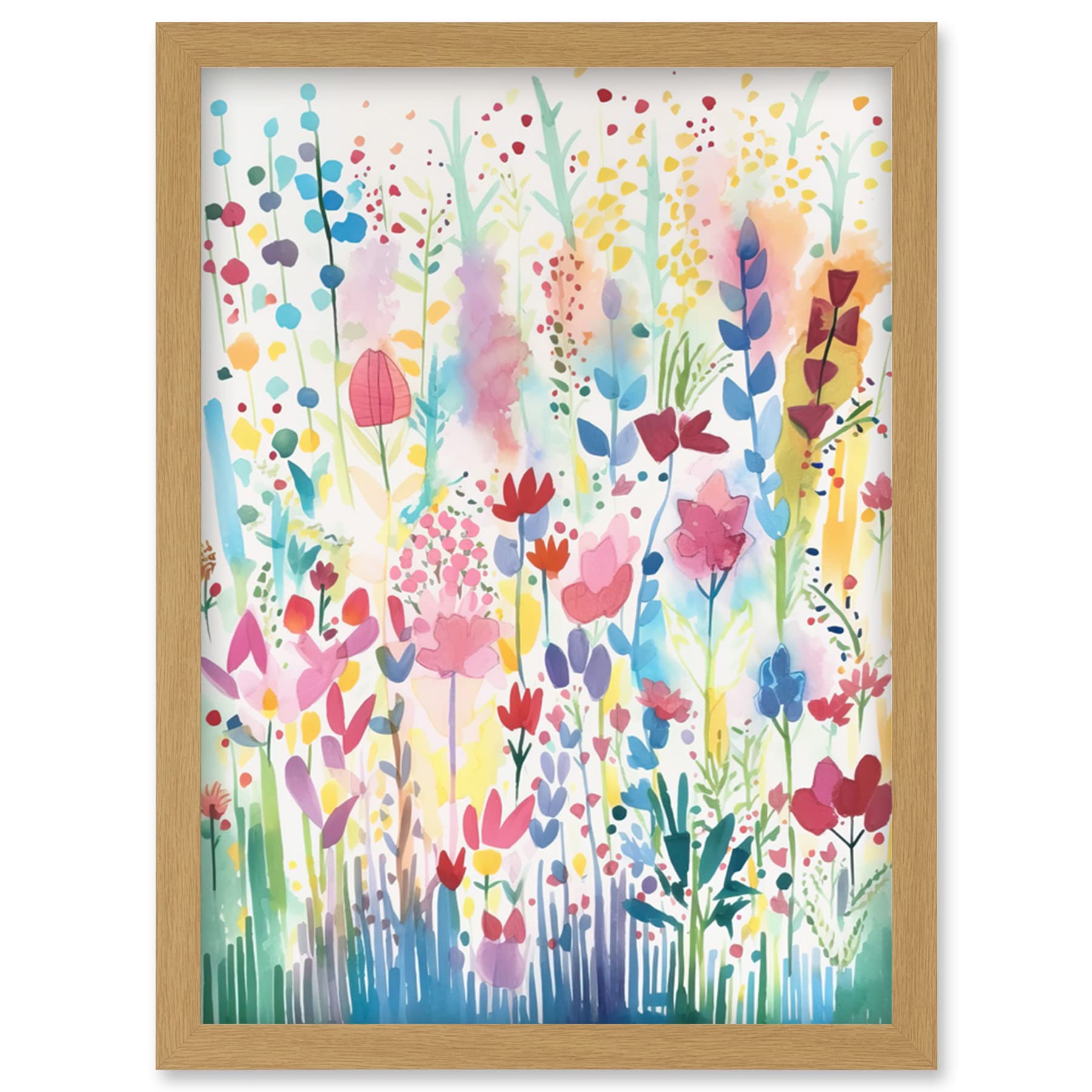 A4 Wildflower Floral Folk Art Framed Print - Soft Pastel Artwork - Artery8