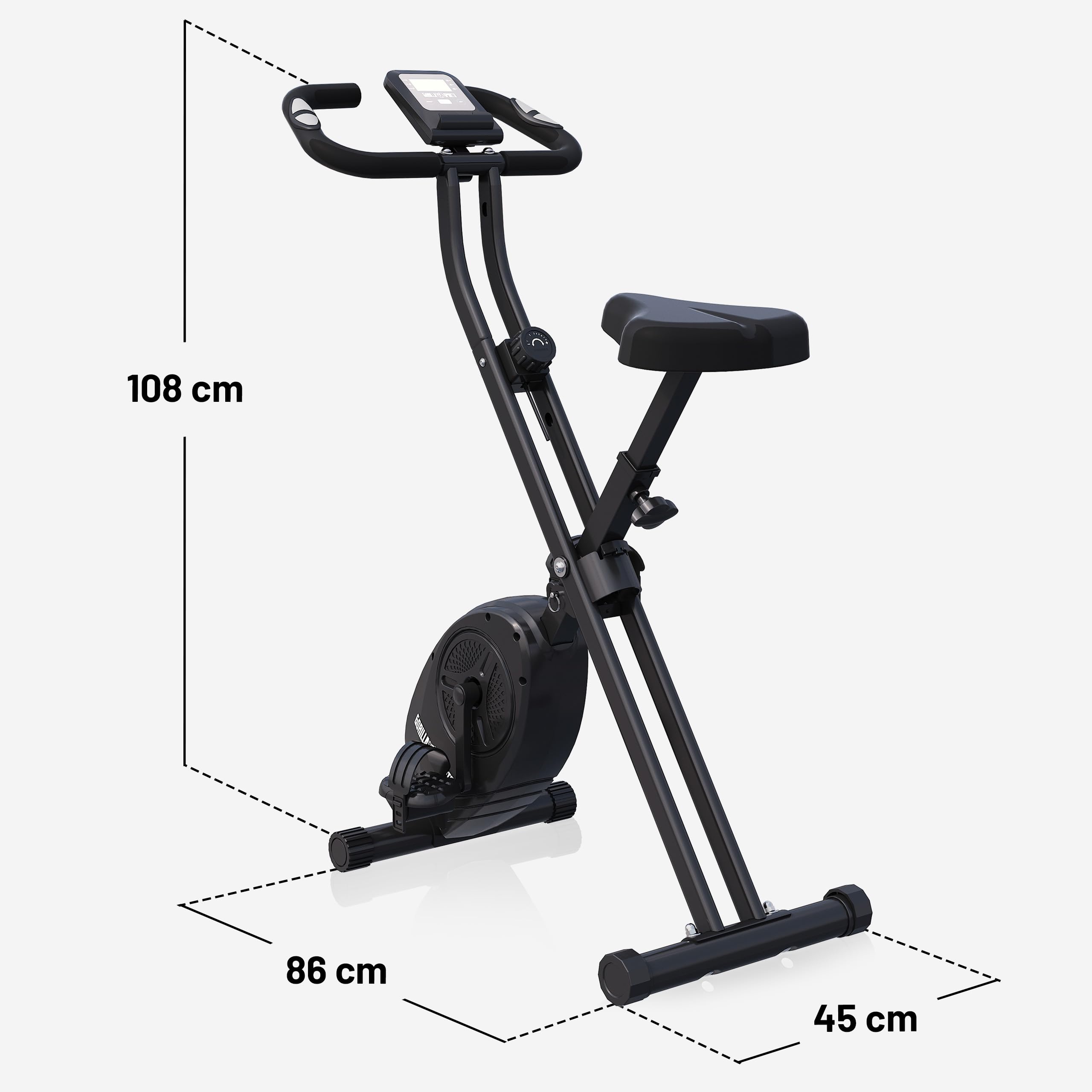 GORILLA SPORTS® Klappbarer Heimtrainer mit 8 Widerstandsstufen, bis 110 kg | X-Frame mit Magnetwiderstand, höhenverstellbarem Sattel und Bordcomputer für Distanz, Tempo, Kalorien und Puls