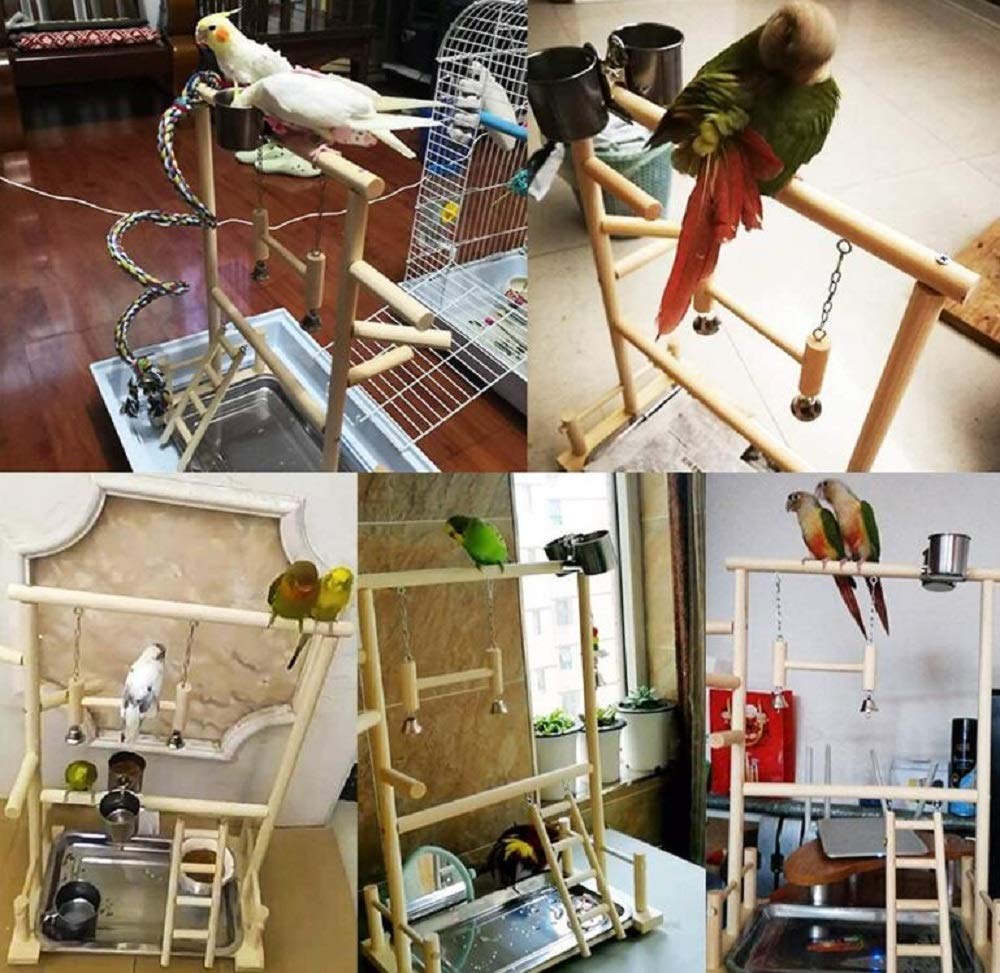 Supporto per Pappagallo in Legno, Stand per Giochi per Uccelli Portatile da Tavolo Palestra Giocattoli Esercizio di Gioco Playpen Scala di Arrampicata Altalena Trespolo per Pappagalli