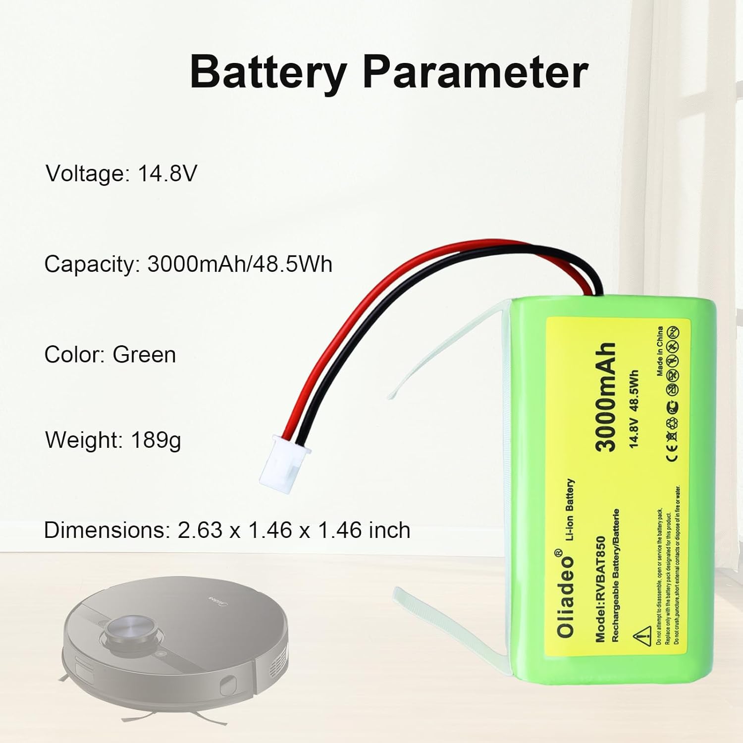 RVBAT850 for Shark Ion Vacuum Replacement Battery - AV1010AE, AV2501S, AV1110AE, RV1001AE, RV2001, RV850, AV2501AE, RV750_N, AV970 Robot Vacuum Cleaners RVBAT85002 (Attention: 2 Prongs Connector)