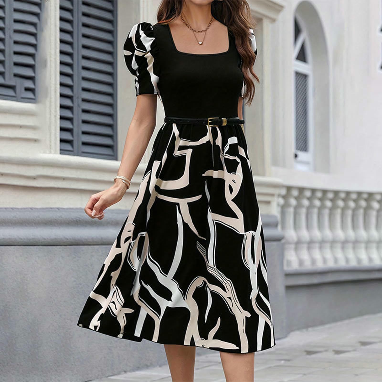 Sukienka damska Lato Kwadratowy dekolt Bubble Sleeve Knit Print Stretch Slim Casual Commuter Style Sukienka-Kolor Morela-m