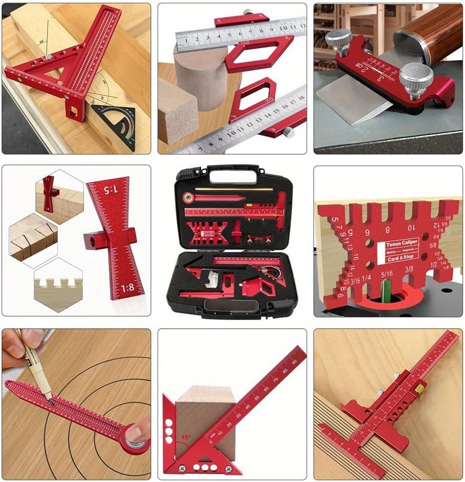 Multi Purpose Woodworking Layout Tool Kit With Square Angle Ruler Dovetail Ruler And Center Scribe For Marking Tasks(9pcs)