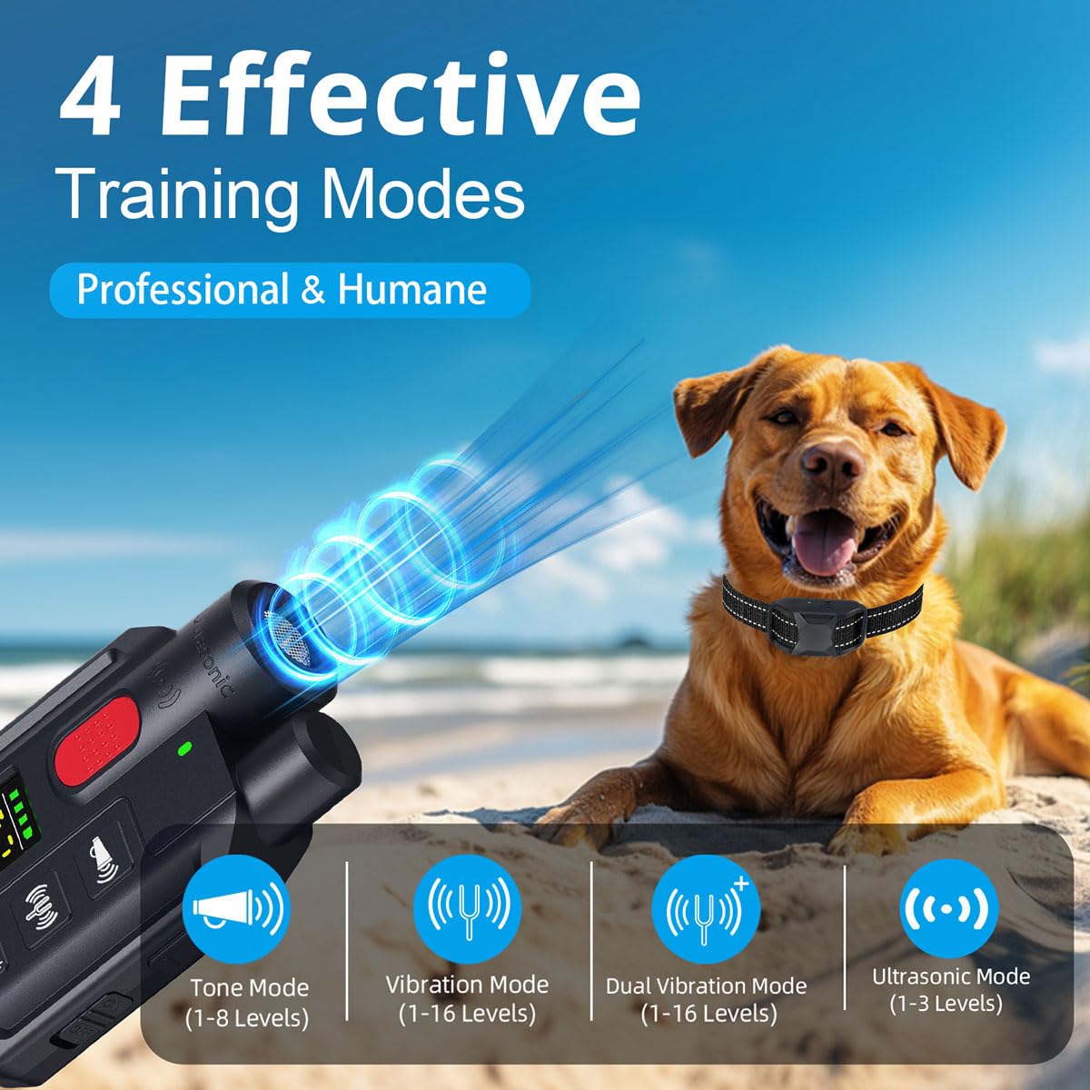 Collare da addestramento per cani con telecomando, portata remota 1000 m, modalità di addestramento suono/vibrazione/ultrasuoni, blocco di sicurezza ricaricabile e impermeabile IP67