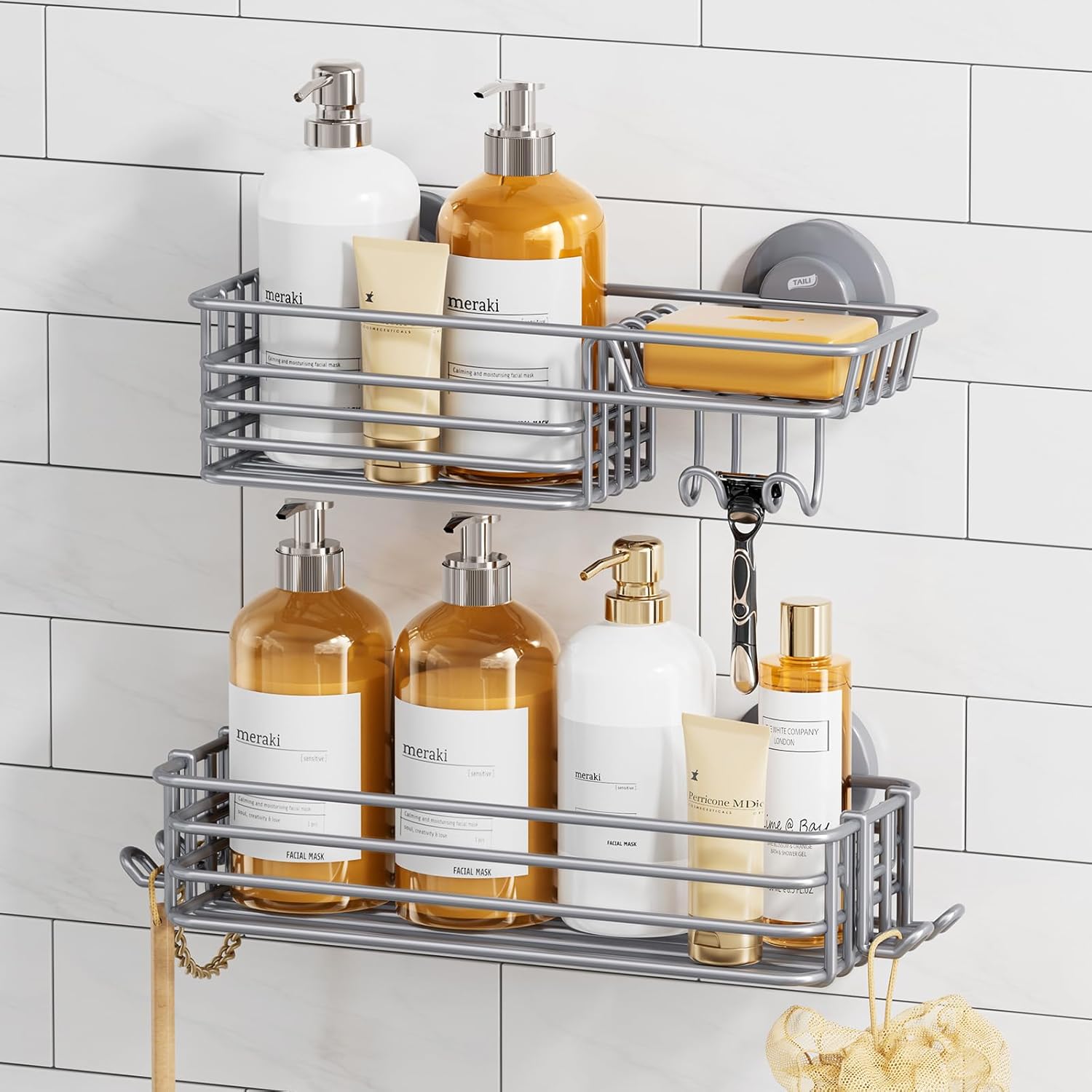 TAILI Shower Caddy Suction Cup 2 Pack with Hooks & Soap holder, Heavy Duty Shower Organizer for Bathroom, No Drilling Bathroom Organizer with Large Capacity, Metal Storage Basket-Grey 2×Grey