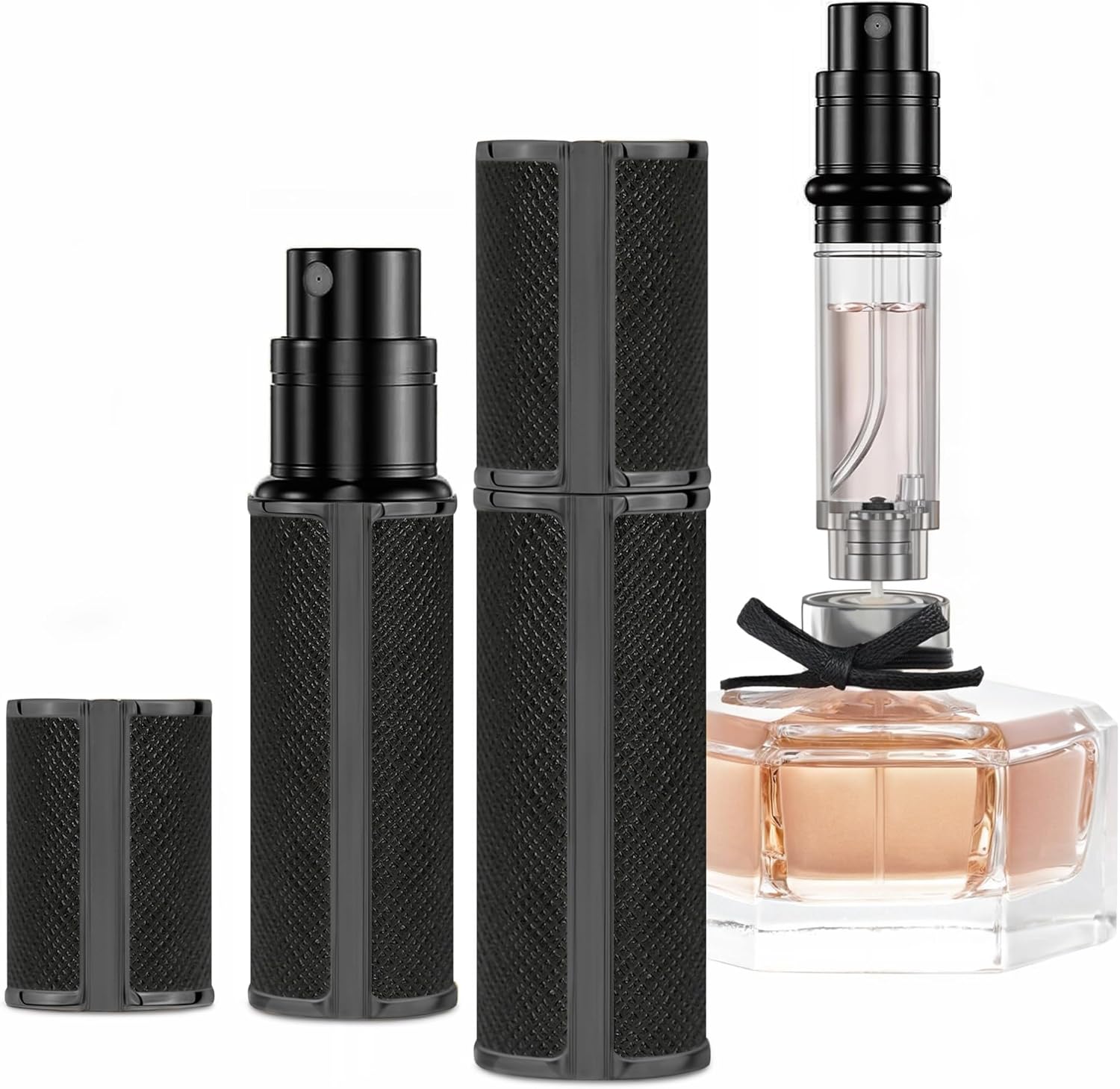 AG00BK hervulbare parfumverstuiver, leer, parfumfles, tas, Keulen, verstuiver, bodem, geschikt voor reizen en vakantie, verjaardag en jubileum, 5 ml (zwart)