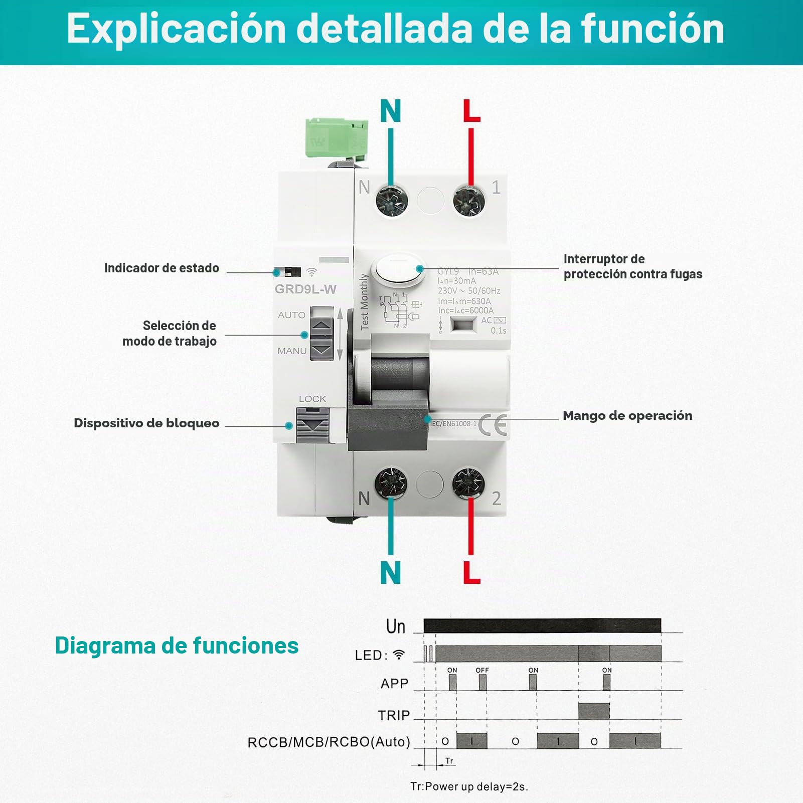 63A 30MA 2 polos wifi disyuntor MCB/RCCB magnetotermico wifi disyuntor inteligente diferencial modo AUTO controlable por APP.