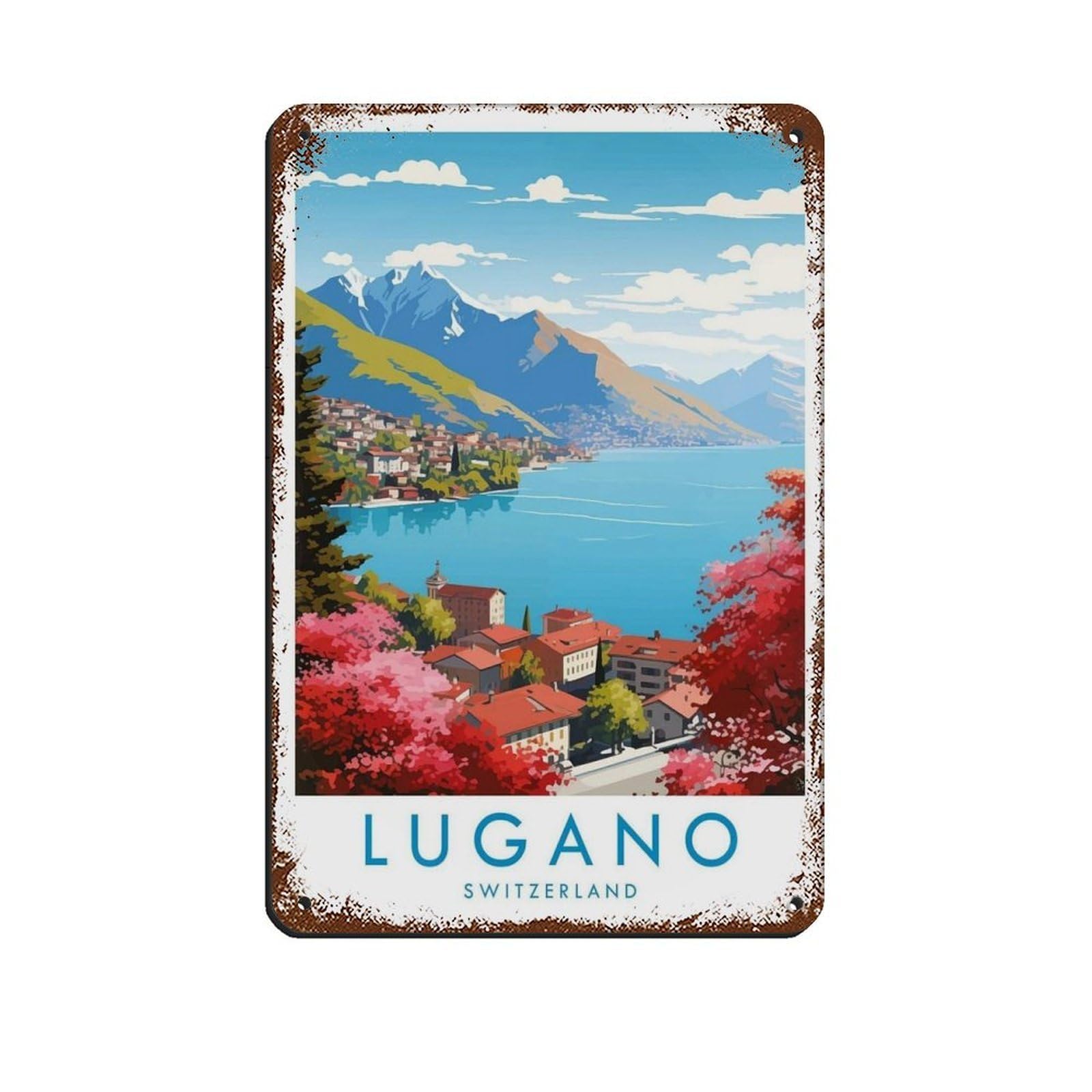 Lugano Travel Poster, Switzerland（7） Tin Sign Vintage Metal Pub Club Cafe Bar Home Wall Art Decoration Poster Retro 8x12inch(20x30cm)