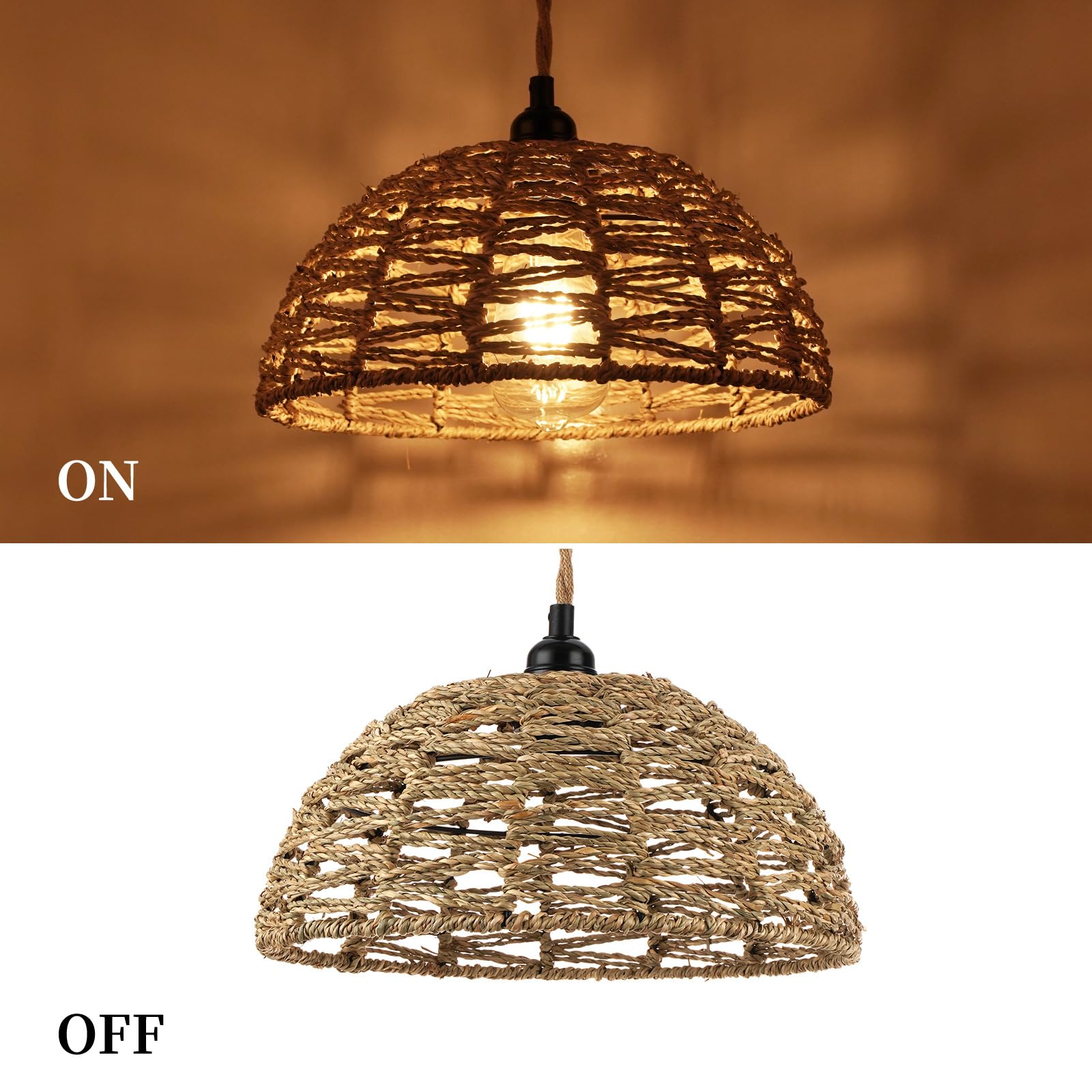 Lampada a Sospensione Industriale Vintage Paralume in rattan Lampadario rustico Illuminazione Interna E27 Lampada da soffitto per Soggiorno Camera da letto Sala da pranzo, Ø30cm