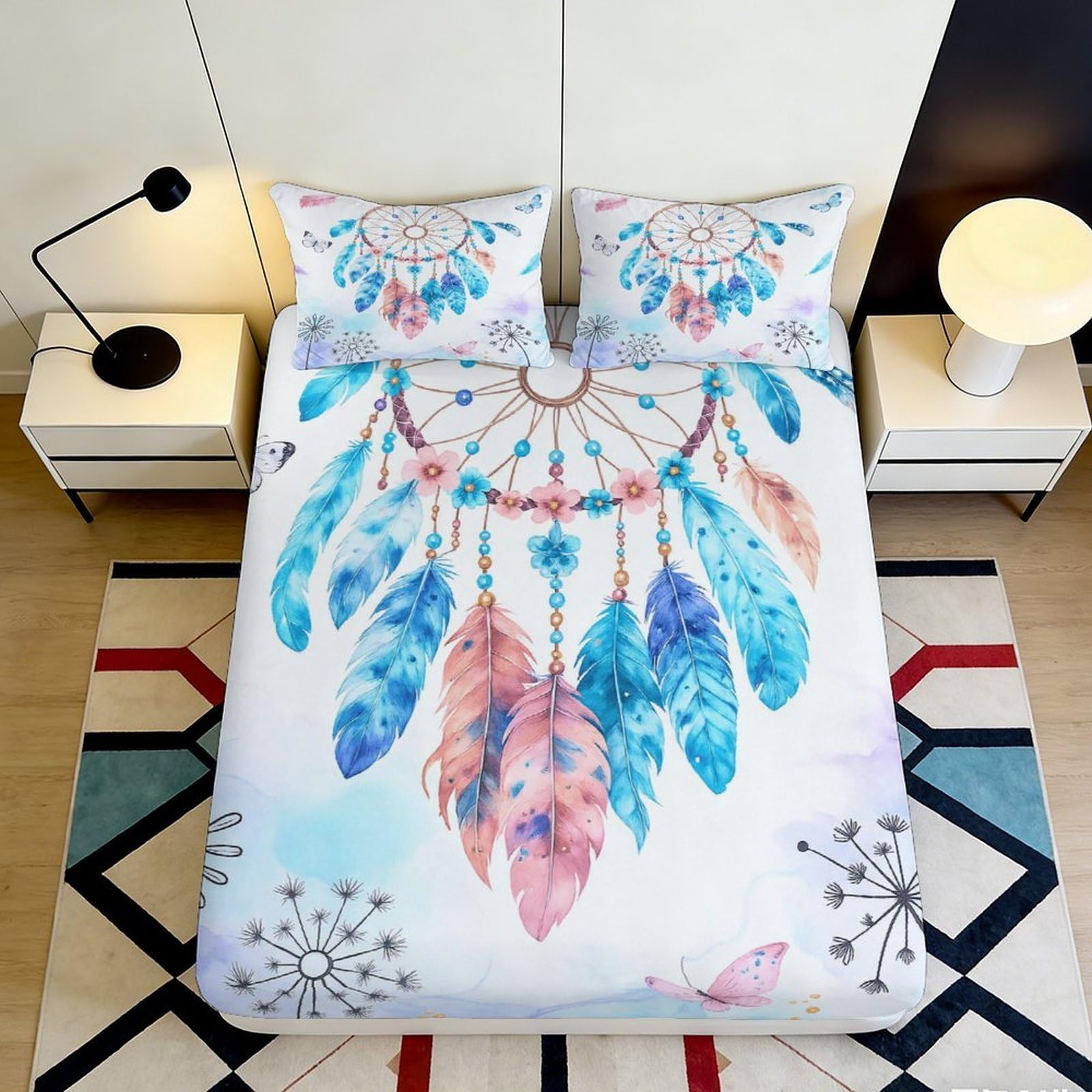 3D Printed Dreamcatcher Fitted Sheet Microfiber Soft Breathable Feather Bed Cover for Bedroom Dorm Guest Room Mattress Protection Decor 140x200x25cm