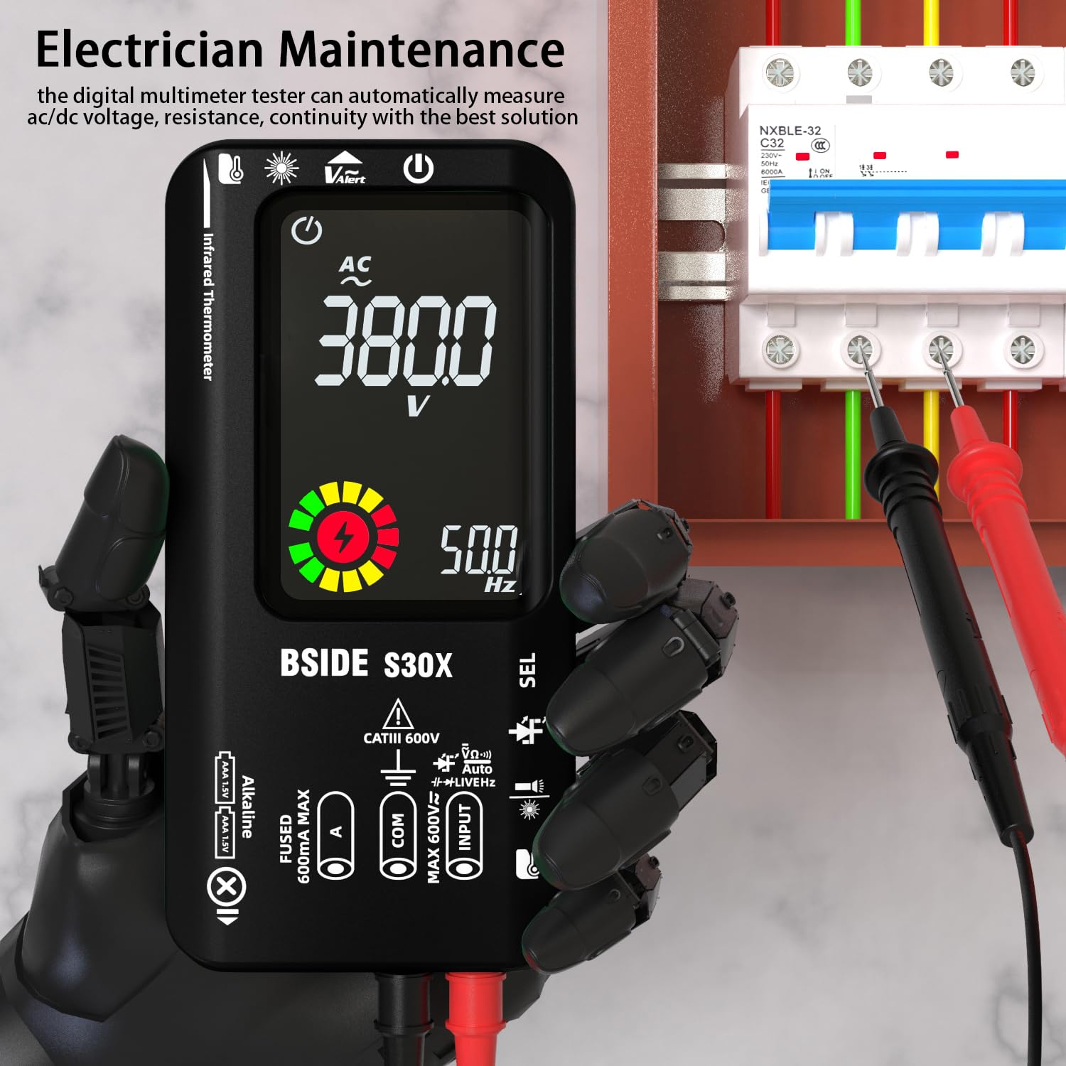 BSIDE S30X Multimetro Digitale Automatico con Termometro IR 12:1 Tester Diodi Alta Tensione LCD Colori 9999 Conteggi Voltmetro Ampemetro Capacimetro Ricaricabile per HVAC LED Automotive Electronic