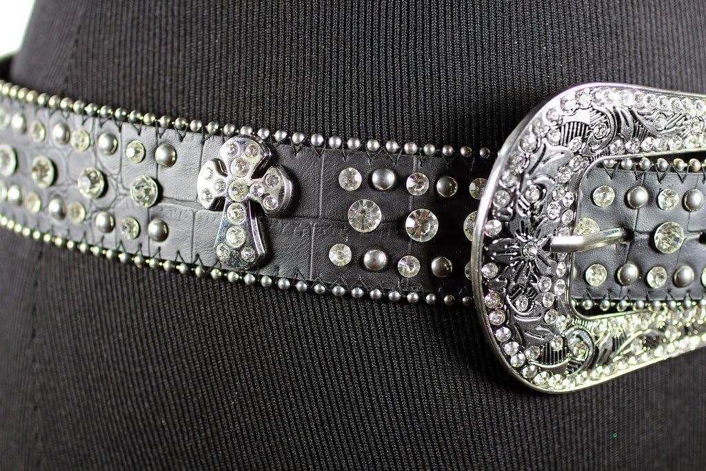 Deal Fashionista BLACK Western Rhinestone Cowgirl CROSS Bling Studded Removable Buckle Belt