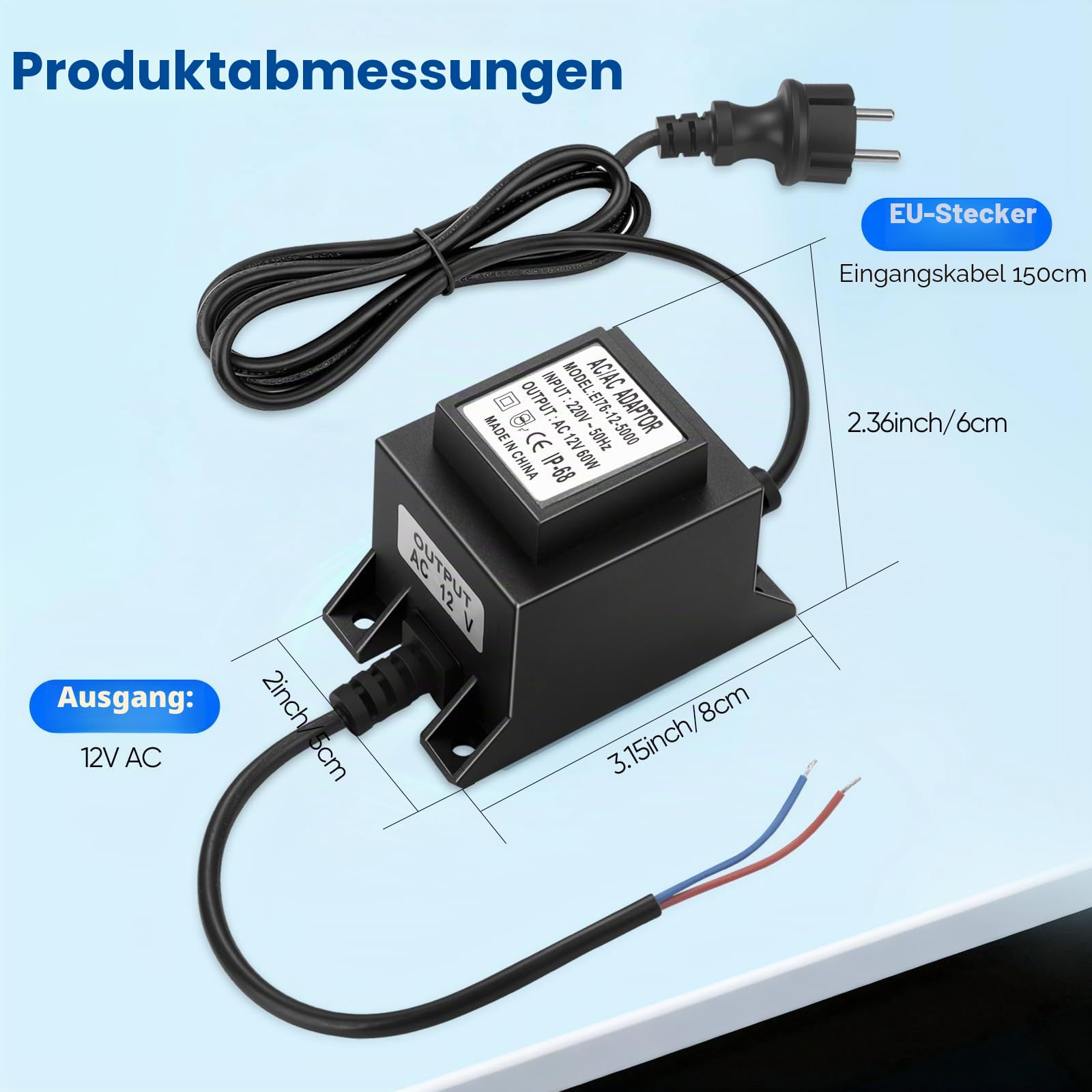 Transformator 230V auf 12V AC/AC, LED Trafo 60W 5A, Wasserdichte IP68 Netzteil für Gartenbeleuchtung, Brunnen und Pool