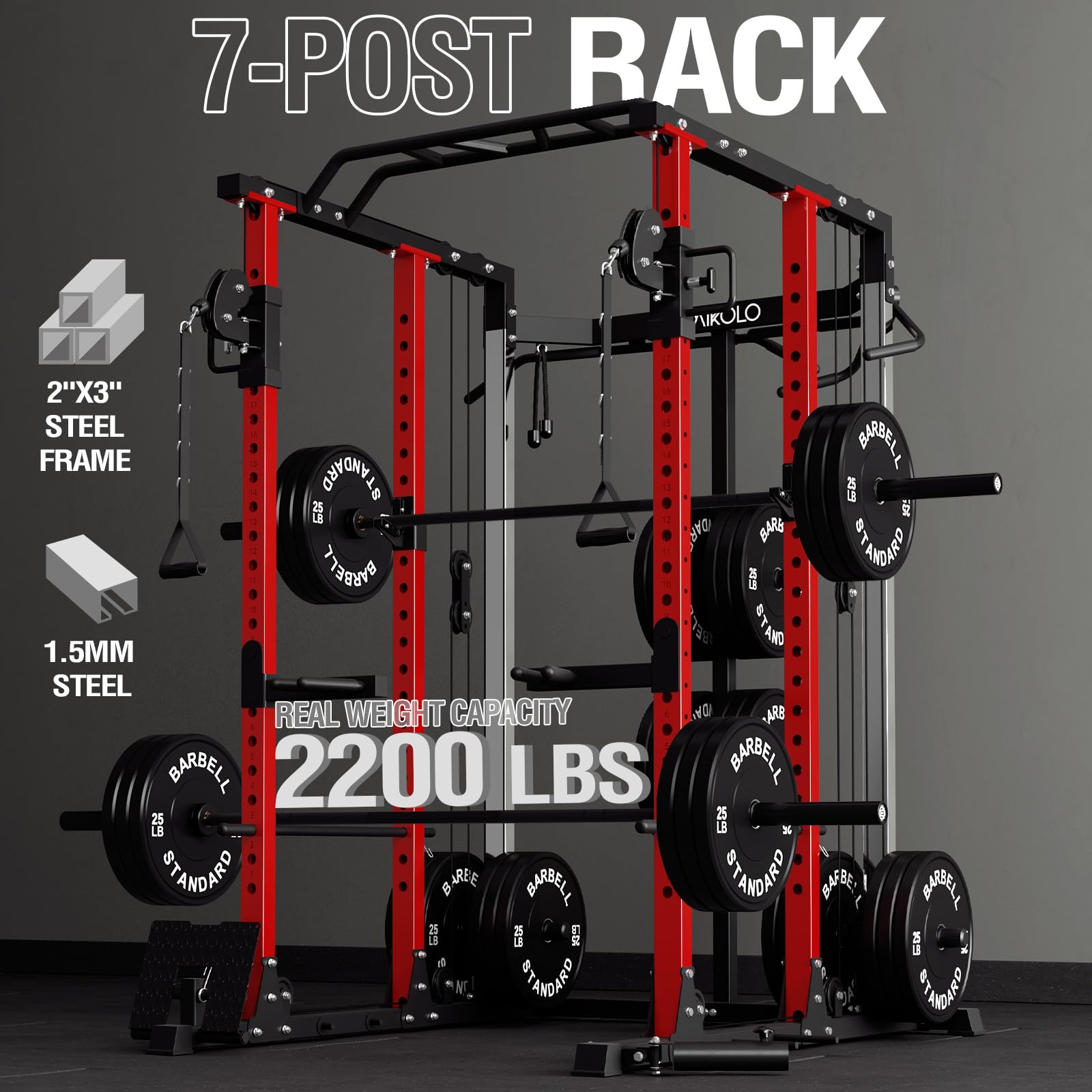 Mikolo Power Cage, 2200lbs Multi-Function Power Rack with Functional Trainer, Dual Independent Pulley System and More Training Attachment PC07-R
