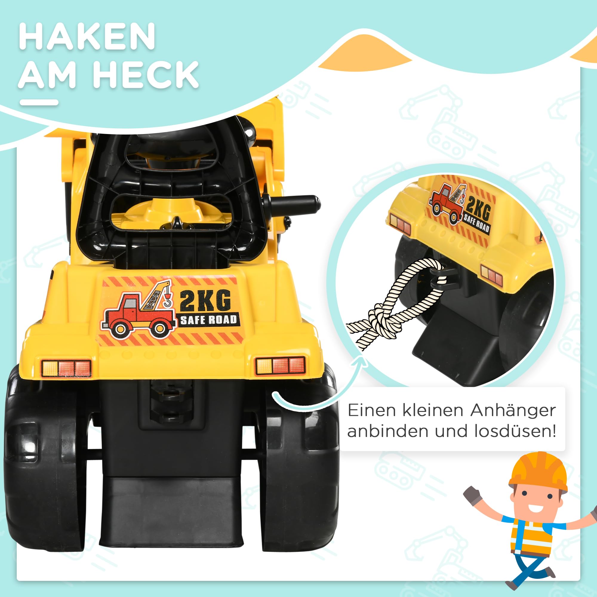 HOMCOM Sitzbagger Aufsitzbagger mit drehbarer Verstellbarer Schaufel, Hupe Kinderbagger mit Stauraum unter Sitz Rutschauto Spielzeugbagger zum Sitzen bis 30 kg, Sandbagger für Kinder 2-4 Jahre Gelb