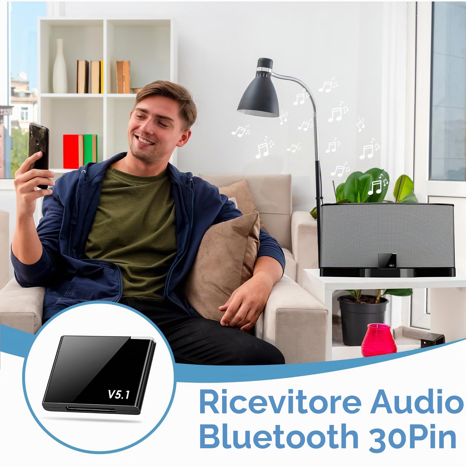 Adattatore Bluetooth 5.1 30 pin per Bose e altri dispositivi con AptX e connessione stabile fino a 20 metri, adattatore Bluetooth per auto e catena Hi-Fi