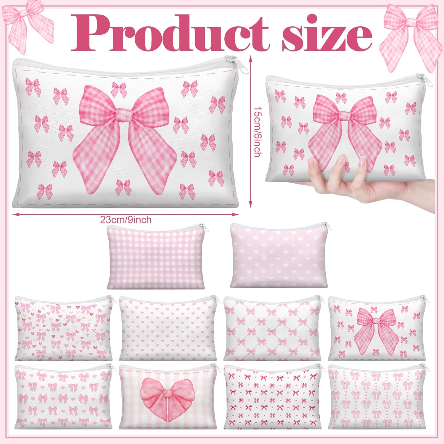 Reginary 10 Pcs Valentines Coquette Bow Cosmetic Bag for Valentine's Day Wedding Nurses Day Aesthetic Makeup Bag Lovely Heart Preppy Pouch Zipper Coquette Party for Galentine Gift(Pink,Lovely Heart) - Image 2