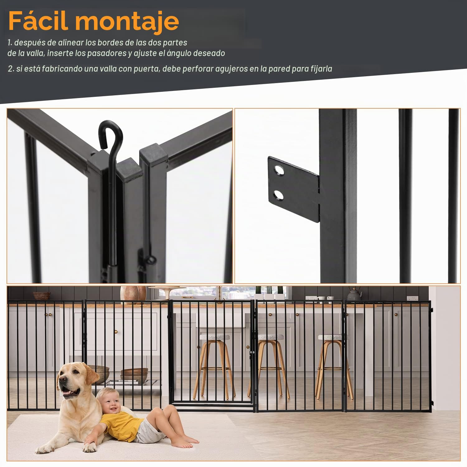 Barreras Seguridad niños Escalera, 304 cm, barreras Seguridad para Animales, 5 Piezas, Metal Valla Seguridad Infantil, Rejilla de Chimenea para niños y Mascotas