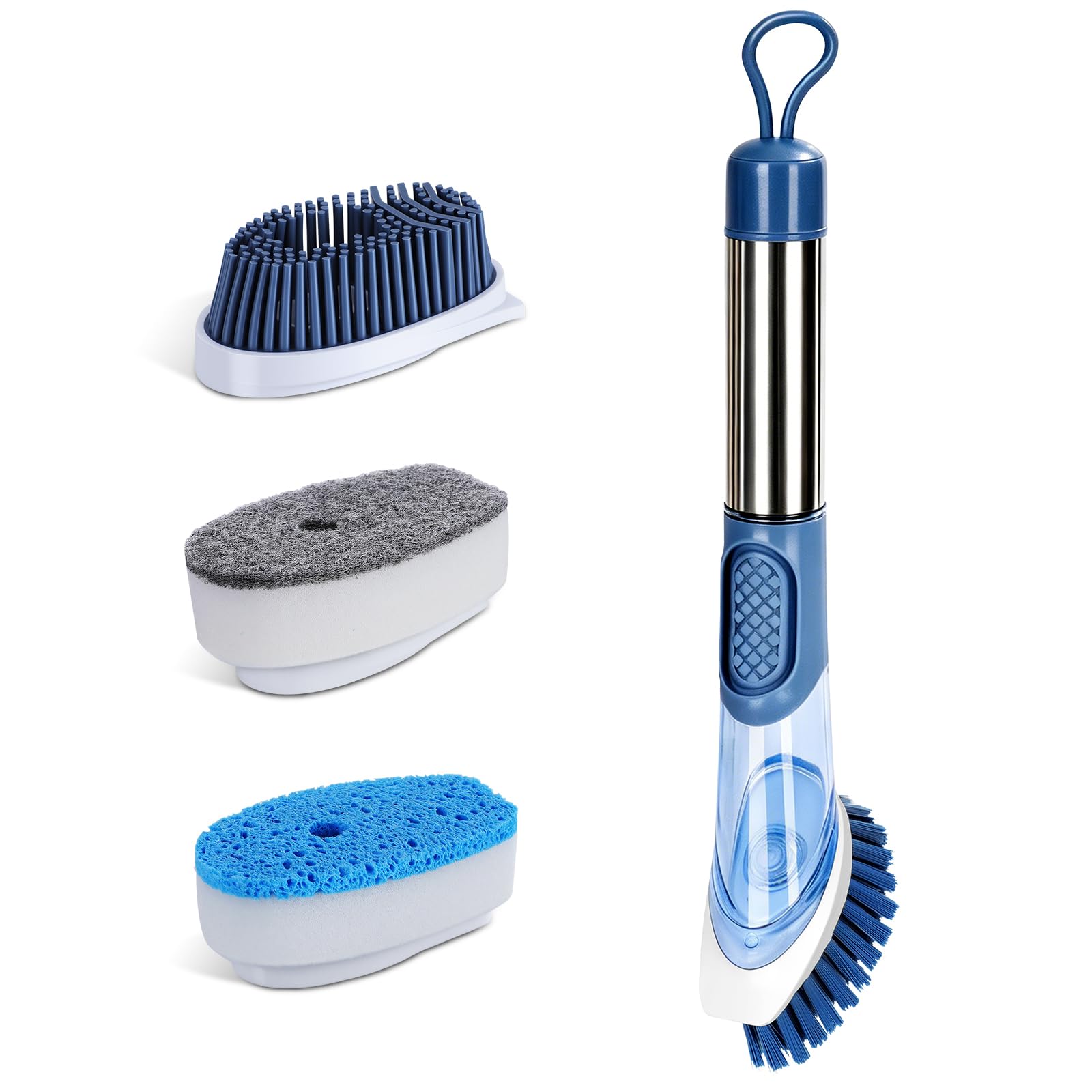 Cepillo para lavar platos con dispensador de detergente, cepillo de cocina Zvonema con mango largo ergonómico, 4 cabezales intercambiables de alta calidad (nailon, silicona, esponja), cepillo para