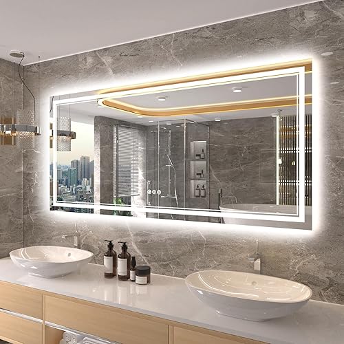 Miniatura 110 de Espejo de baño LED de 40 x 32 pulgadas, luz frontal y retroiluminada, antiniebla, regulable, espejo de tocador iluminado con memoria, espejo LED