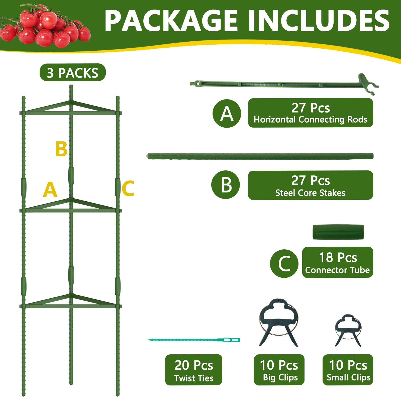 Tomaten-Rankhilfe für den Garten, 3er-Pack Tomatenkäfig für Kletterpflanzen im Freien, 120cm Dreieckiger Rankhilfe Tomaten, Gartenpflanzgitter für Gemüse, Blumen und Obst