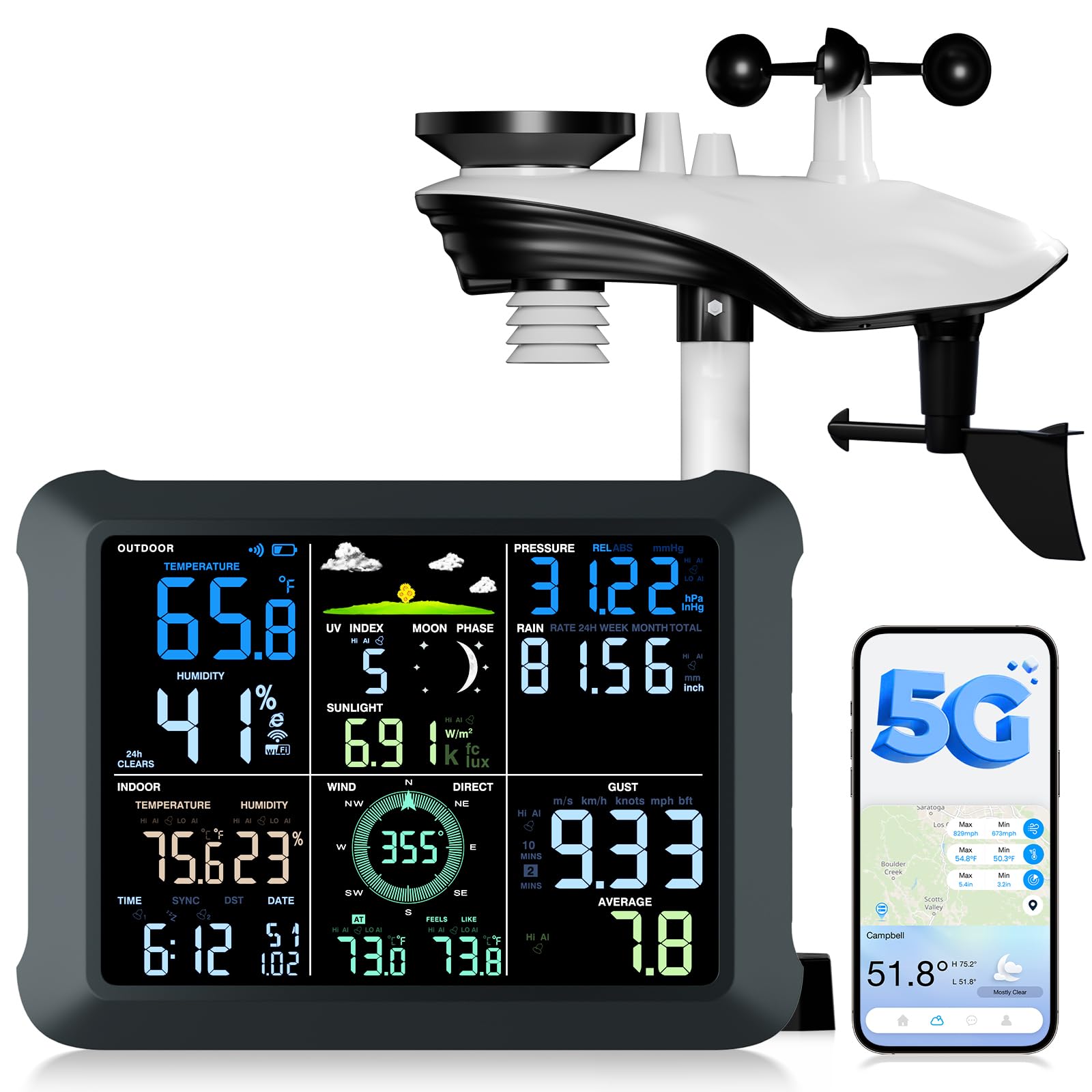 5G/2.4G Dual Band WLAN Wetterstation mit 24/7 AI-Wettervorhersage