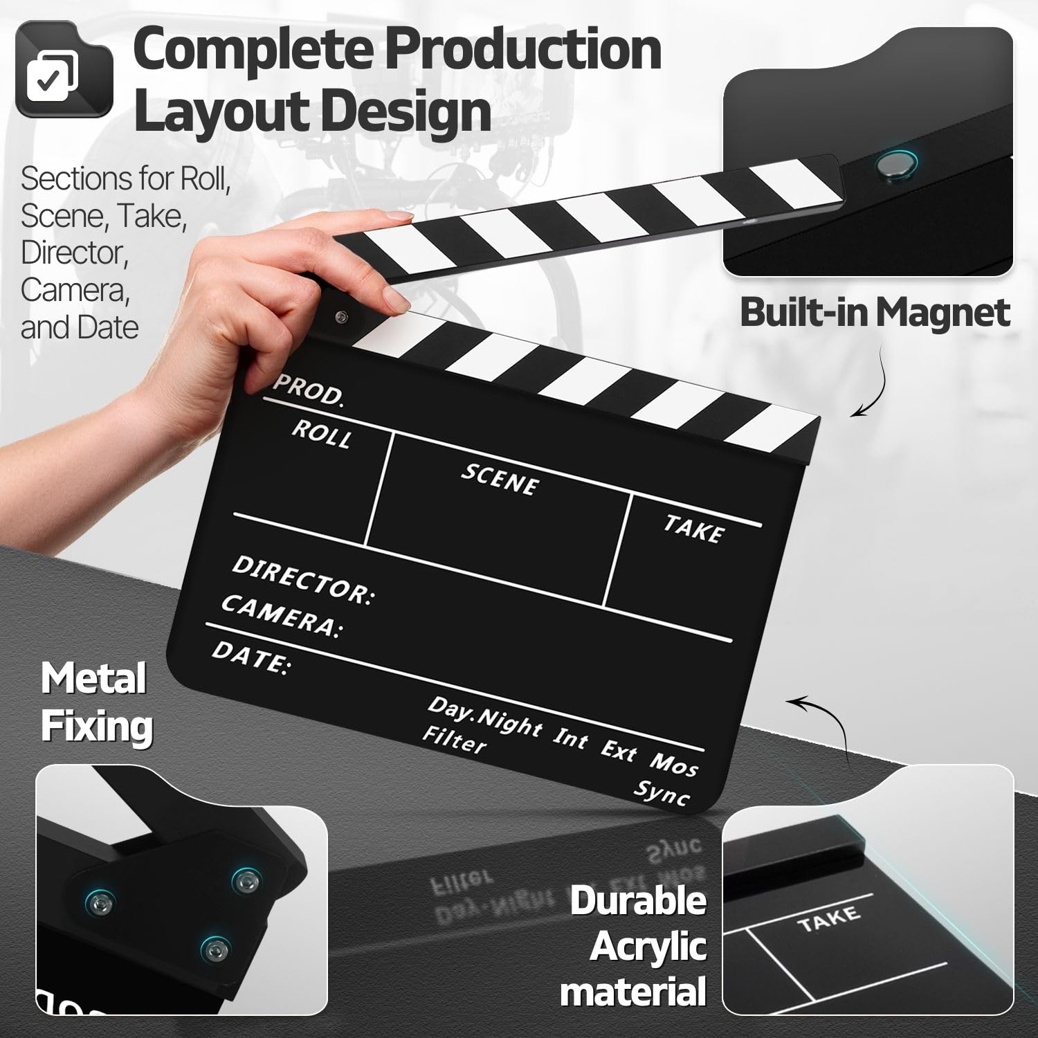 Flexzion Ardoise en plastique acrylique effaçable à sec pour appareil photo hollywoodien, studio, cinéma à domicile, vidéo 25,4 x 30,5 cm avec bâtons noir/blanc