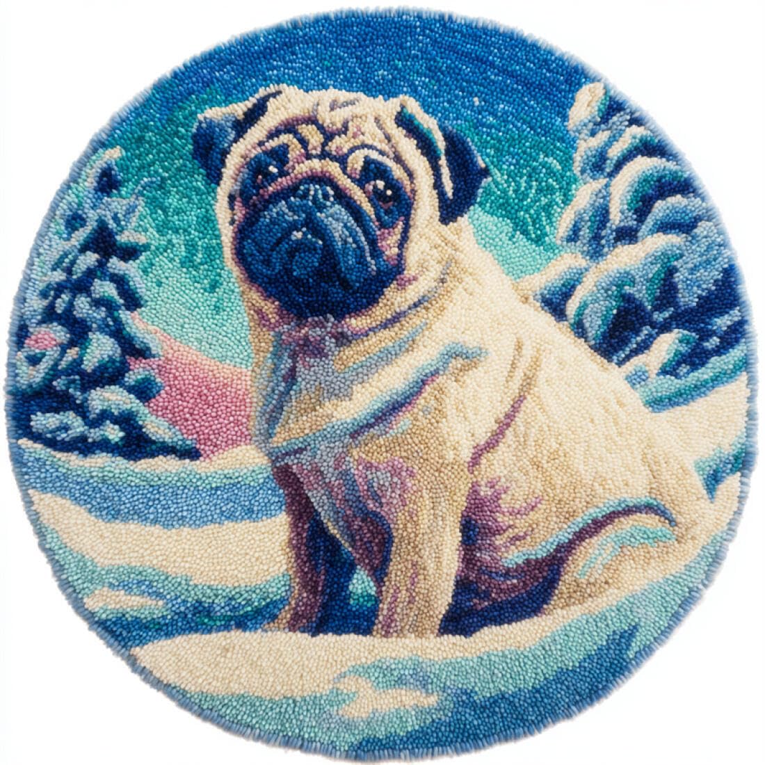 Rqwybcaxn DIY Latch Hook Rug Kit for Beginners Animal Crochet Starter Kit Cartoon Pug 60x60cm Round Tapestry with Crochet Hook Bedroom Craft Gift