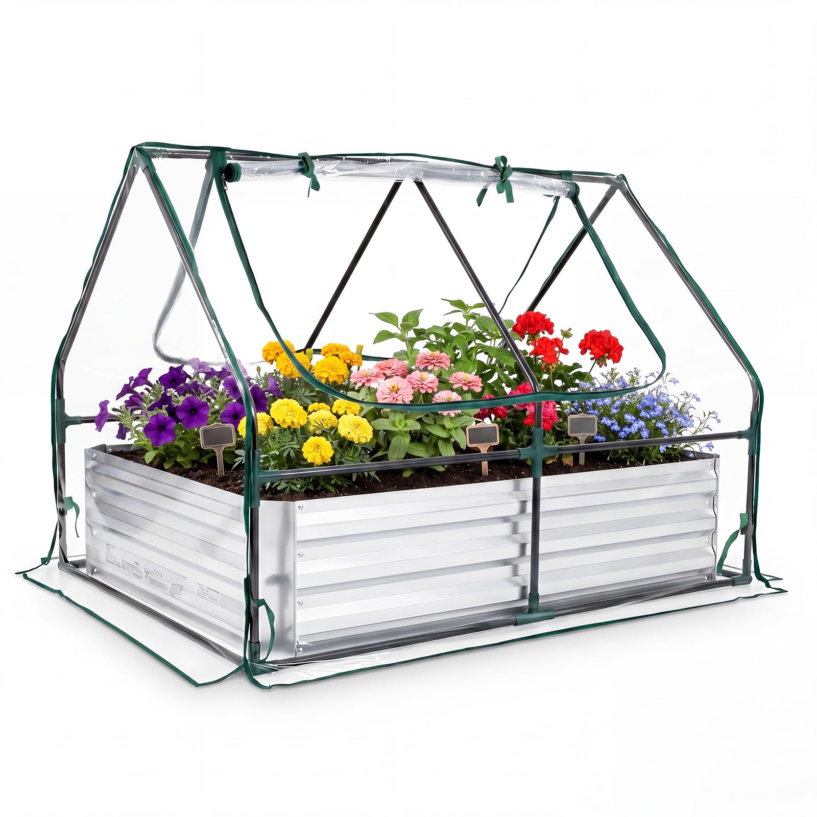 COSTWAY Cama de Jardín Elevada con Mini Invernadero, Huerto Urbano Terraza de Metal Galvanizado con Base Abierta y 2 Ventanas Enrollables, Jardinera Exterior para Flores Verduras Patio Balcón