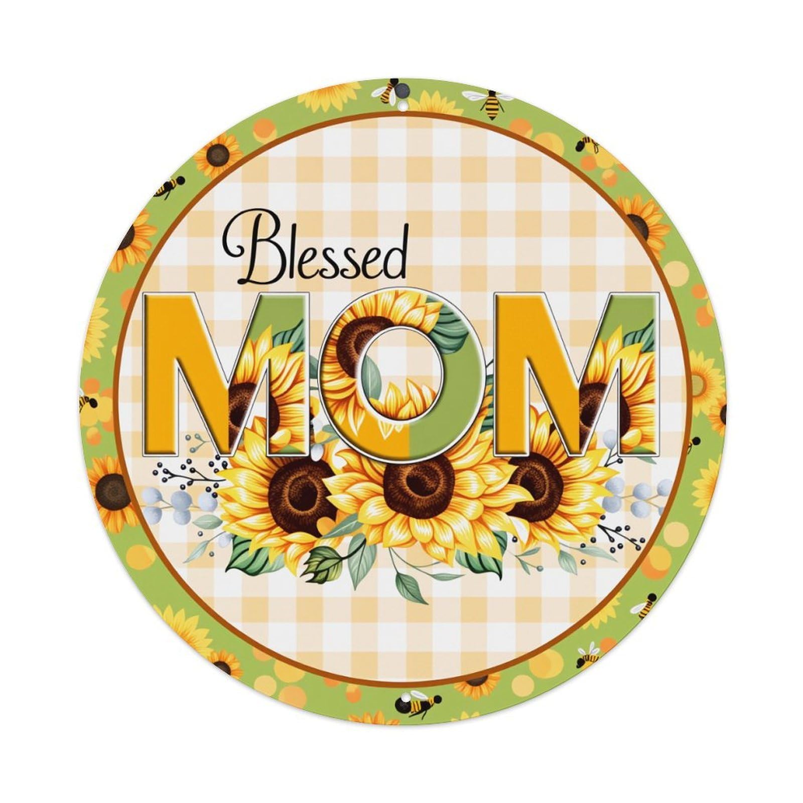 Sunflower Bees Checkered Background Mom Text Round Vintage Tin Sign,Retro Wall Art,Metal Poster for Home, Bar, Garage, Cafe, Rustic Indoor & Outdoor Decor, 8x8 Inches