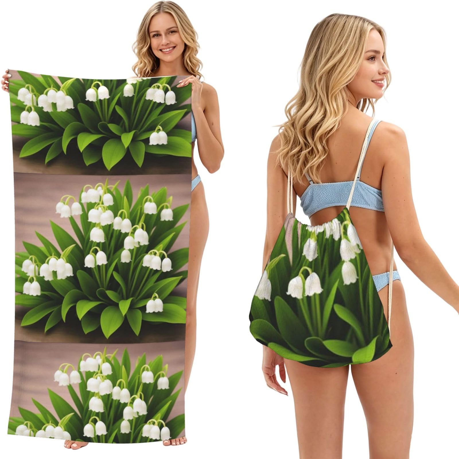 Poadnly As Picture Lily Of The Valley Flower Print, 2 In 1 Packable Towel Bag, Beach Towels With Drawstring Backpack For Travel Holiday Camping