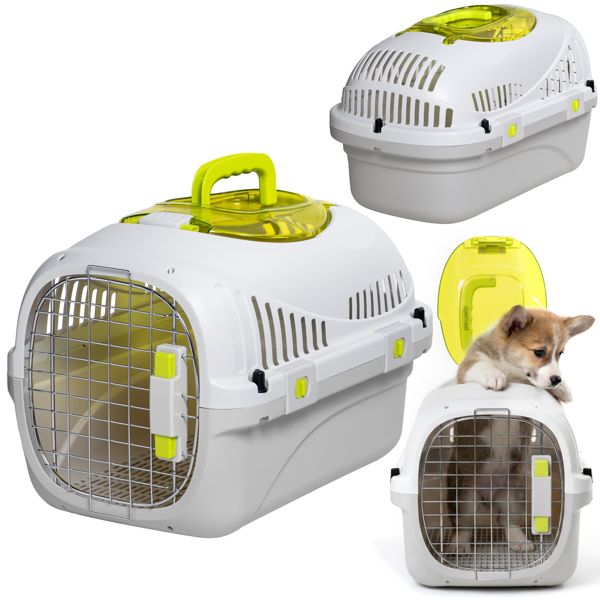 Safy Transportín para Perro Pequeño Rígido para Coche, Seguro, Ventilado, Puerta Metálica, Tapa Superior, Rejilla Extraíble, Cuenco, Doble Cierre, Asa Plegable, Fácil de Limpiar, hasta 5 kg