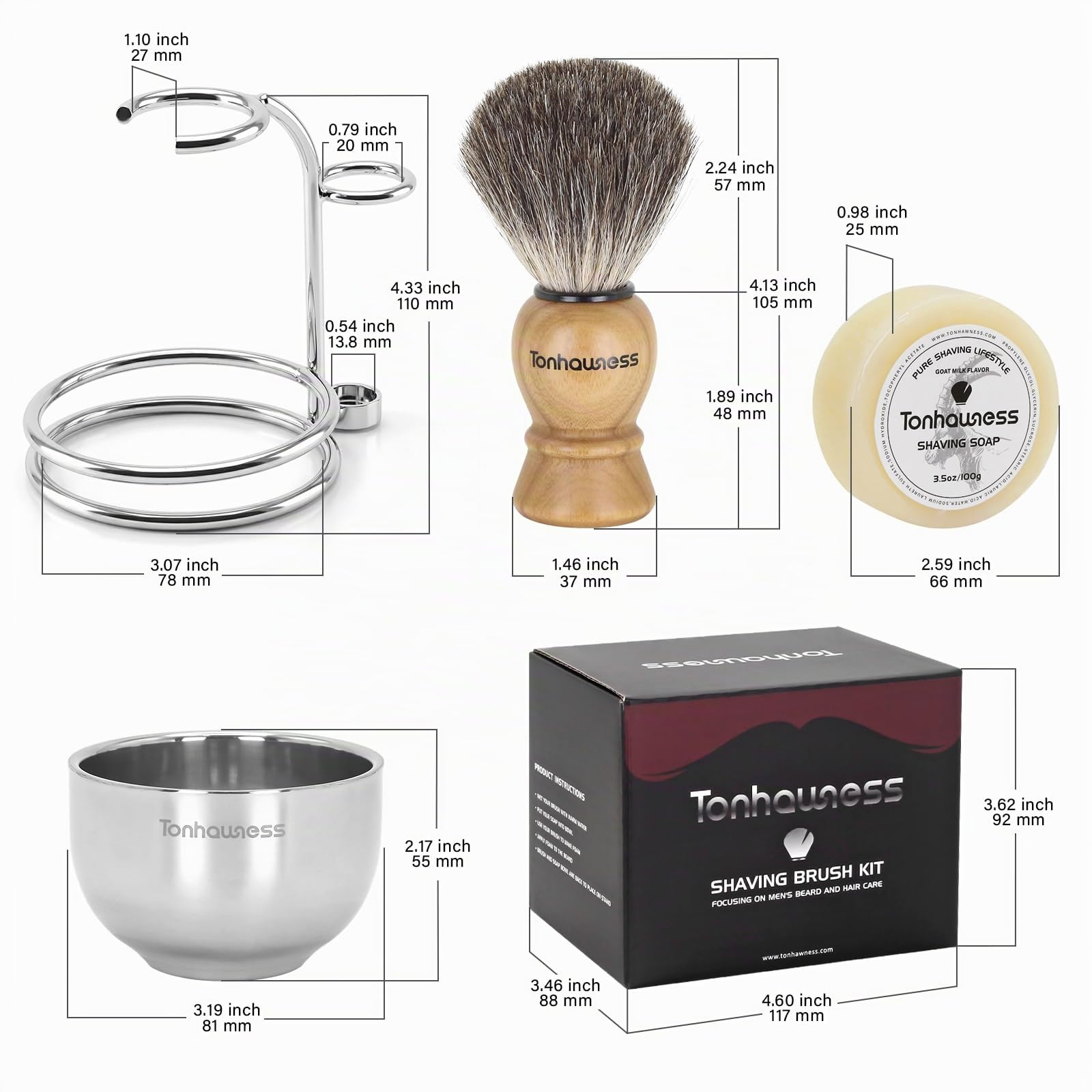Blaireau de rasage en poils de blaireau avec manche en bois, savon de rasage au lait de chèvre, base à double anneau en acier inoxydable et bol de rasage à 3 couches pour homme (bois avec poils de