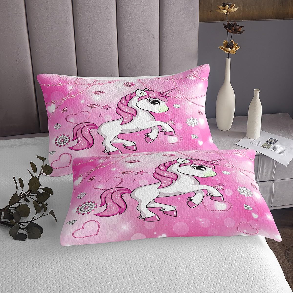 Juego de sábanas de unicornio tamaño King con 2 fundas de almohada con patrón de perlas, juego de sábanas de unicornio para niñas, sábanas rosas para niños, niñas y adultos