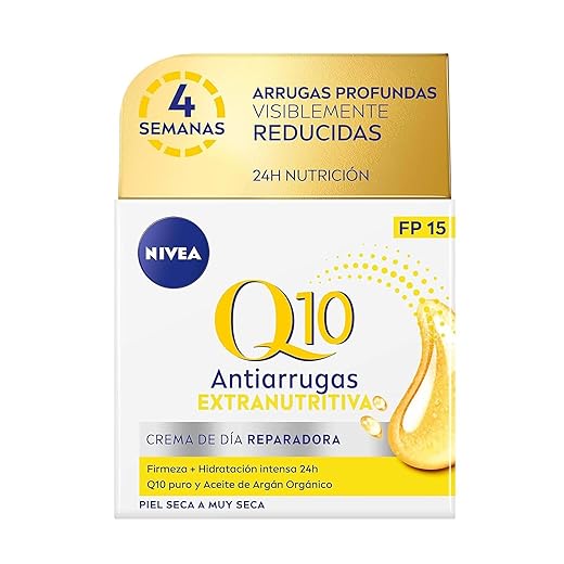 NIVEA Q10 Power Antiarrugas Crema de Día Extra-Nutritiva (1 x 50 ml), crema facial antiarrugas con coenzima Q10 y aceite de argán, crema antiedad con FP15 para piel seca