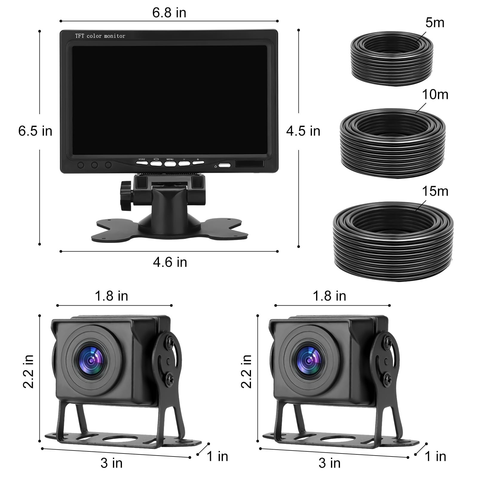 Juego de cámara de visión Trasera Dual con Monitor HD de 7 Pulgadas, visión Nocturna Impermeable IP69, con Cable de 5m/10m/15m para Camión/Remolque/Bús/Van/RV.