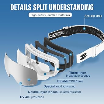 suoso Ski Goggles for Men and Women, Anti Fog Snow/Snowboard Goggles for Youth Adult UV400 Protection