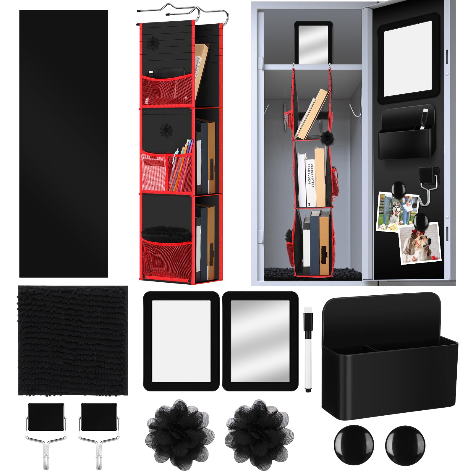 Ziliny 12 Pcs Black Locker Accessories for Girls 3 Shelf Hanging Locker Organizer Plush Rug Magnetic Wallpaper Mirror Pen Holder Back to School Party