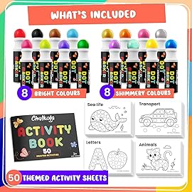 Chalkola 16 Washable Dot Markers for Toddlers | w/ 50 Page Coloring Activity Book Kit, Bingo Daubers | Preschool Paint Dot Art Set - Toddler Painting Craft and Art Supplies for Kids Ages 1, 2, 3, 4 5